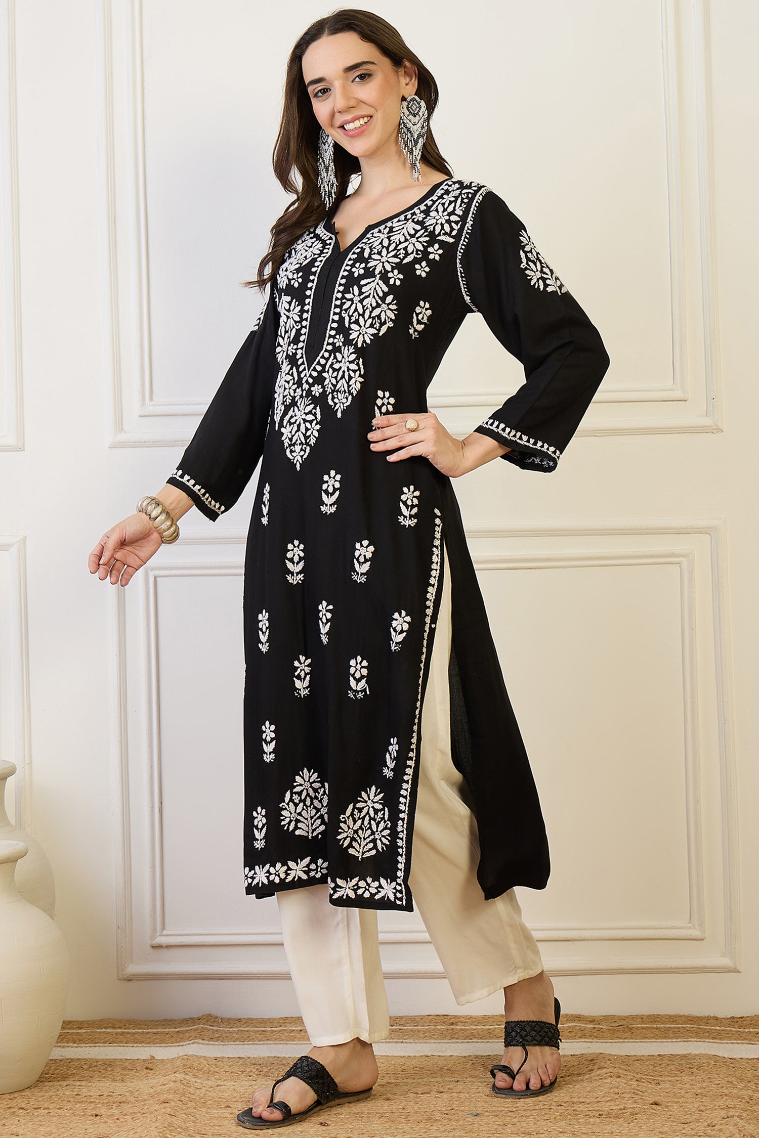 Sania Black Chikankari Straight Kurta