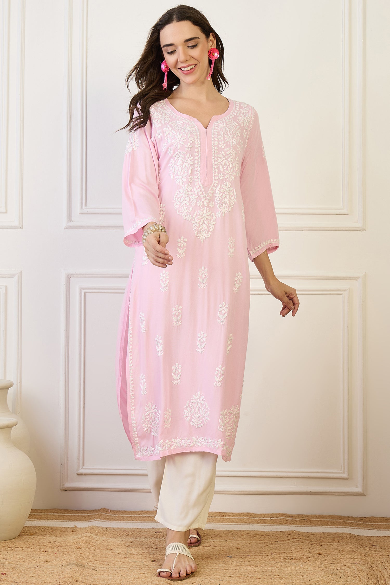 Muskan Pink Chikankari Straight Kurta