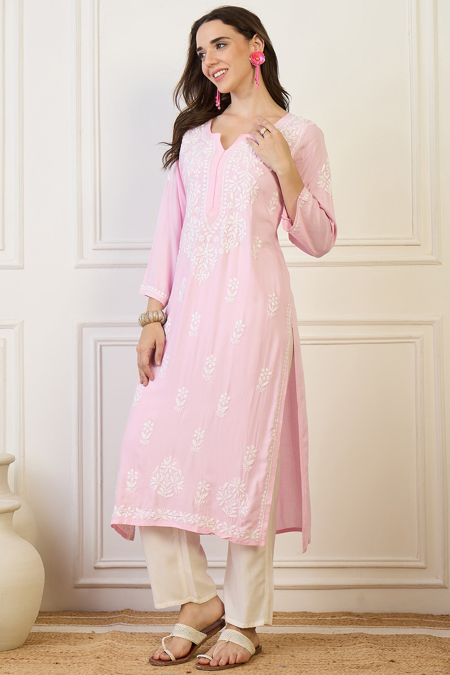 Muskan Pink Chikankari Straight Kurta