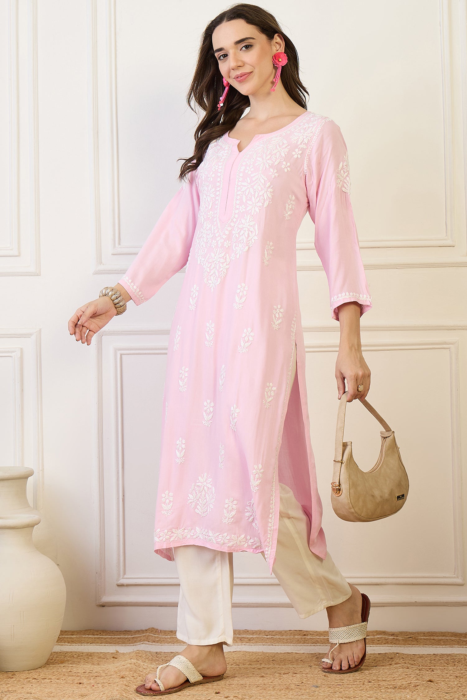Muskan Pink Chikankari Straight Kurta