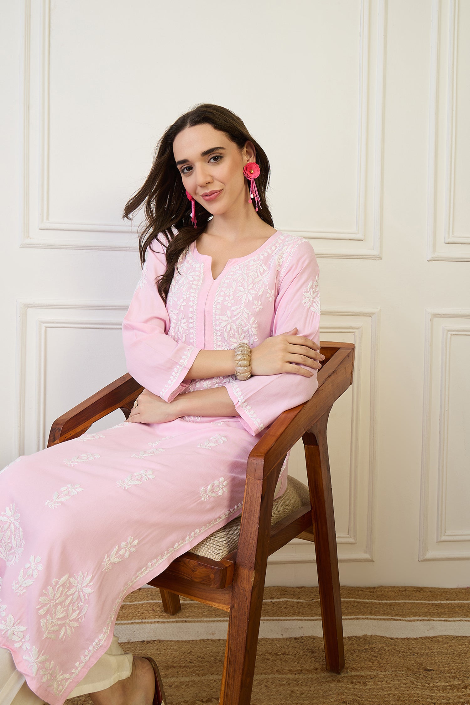 Muskan Pink Chikankari Straight Kurta