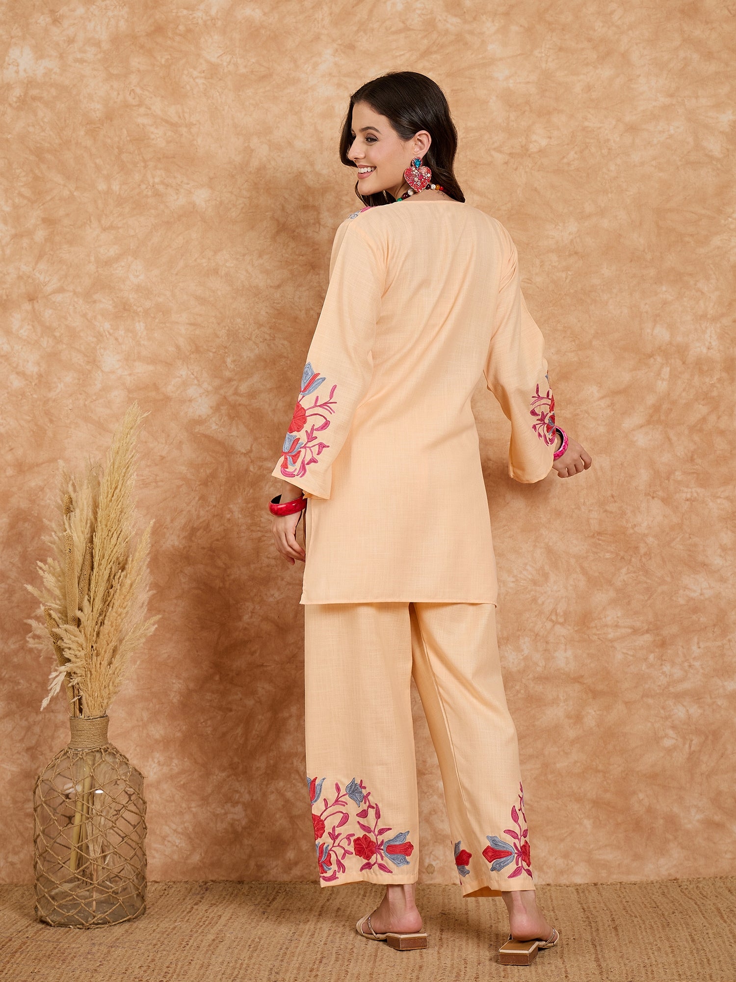Amina Peach Cotton Kashmiri Kurta and Pants Set