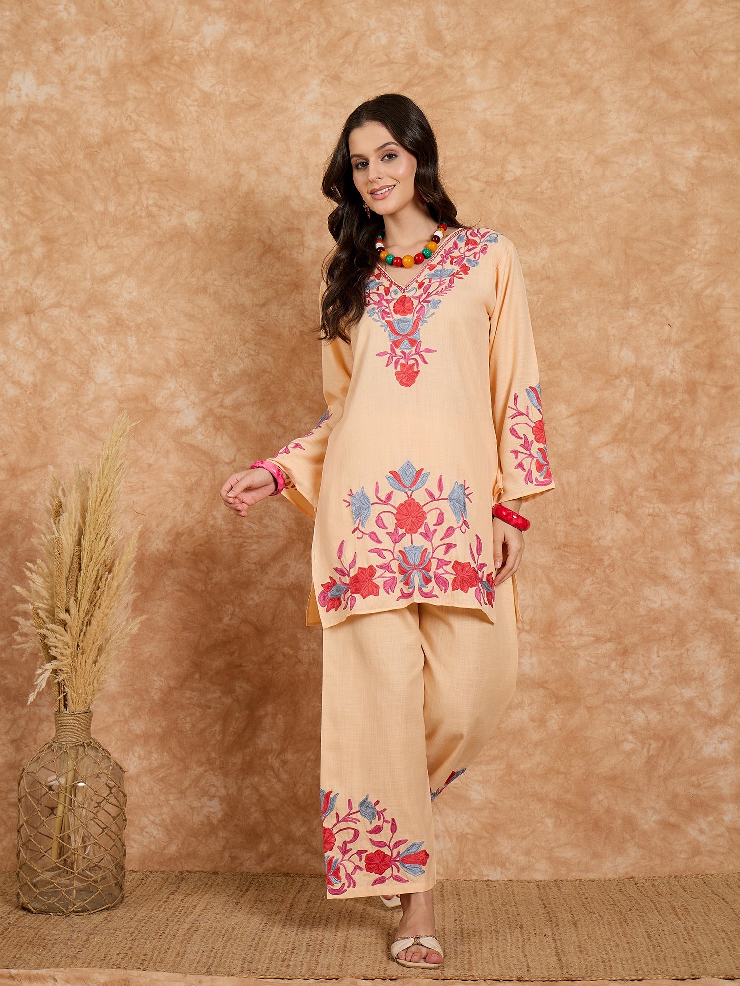 Amina Peach Cotton Kashmiri Kurta and Pants Set