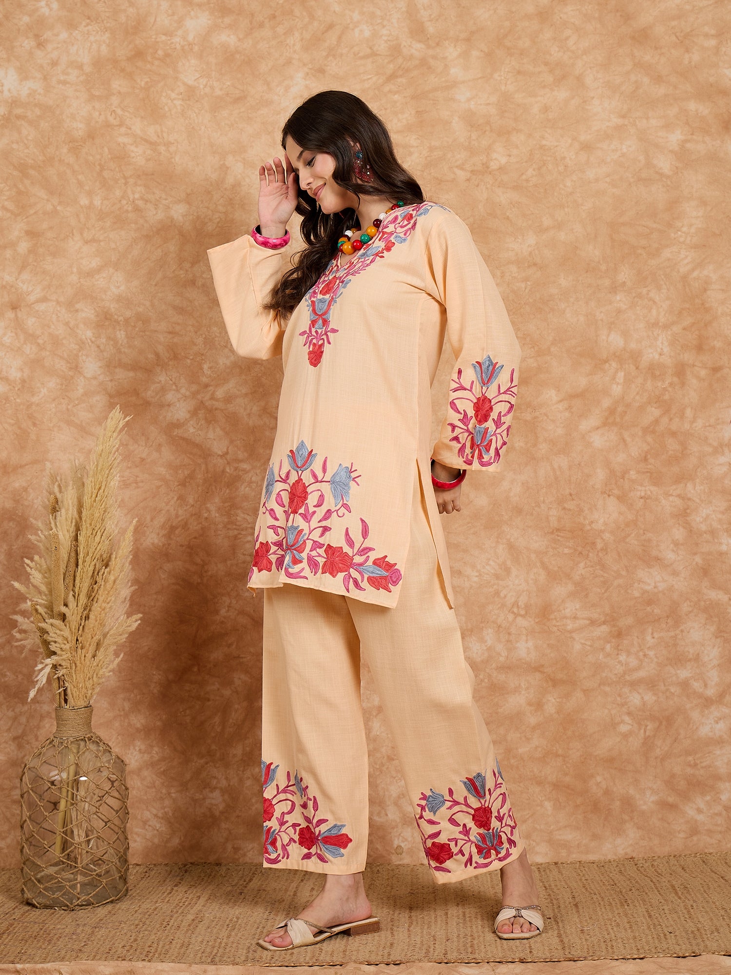 Amina Peach Cotton Kashmiri Kurta and Pants Set
