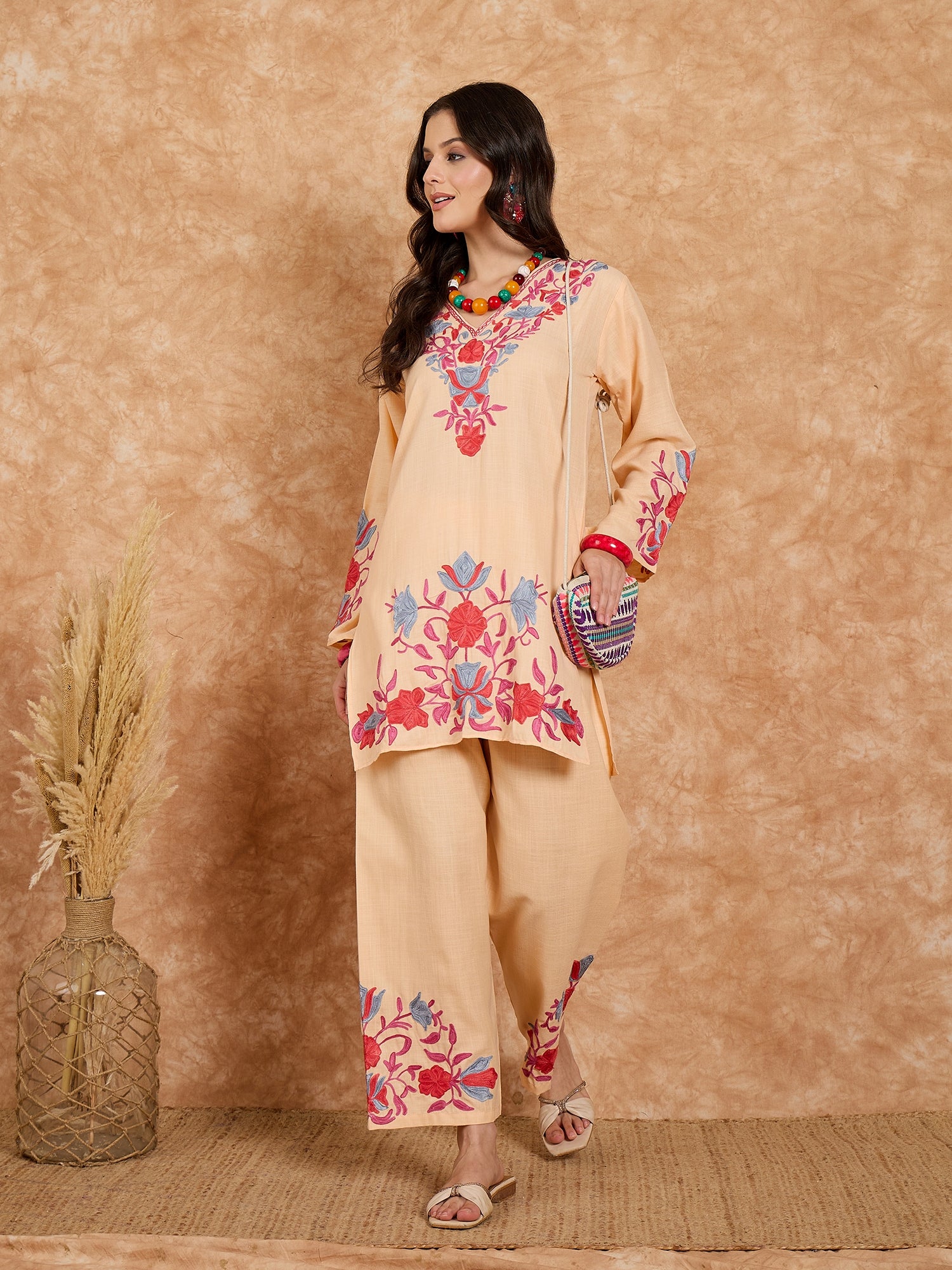 Amina Peach Cotton Kashmiri Kurta and Pants Set