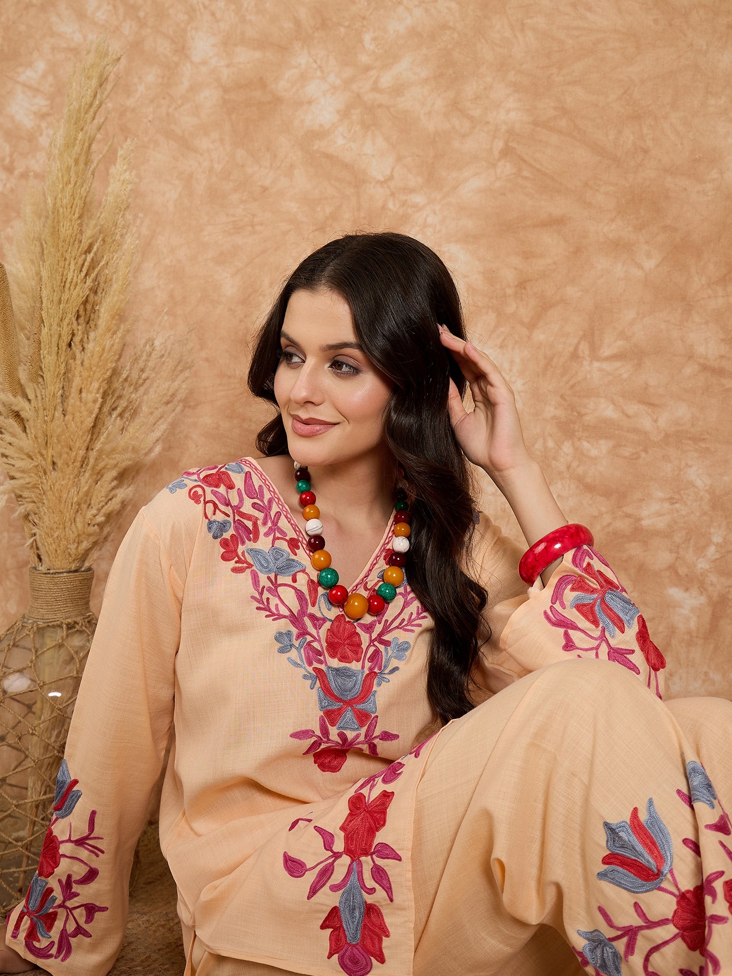 Amina Peach Cotton Kashmiri Kurta and Pants Set