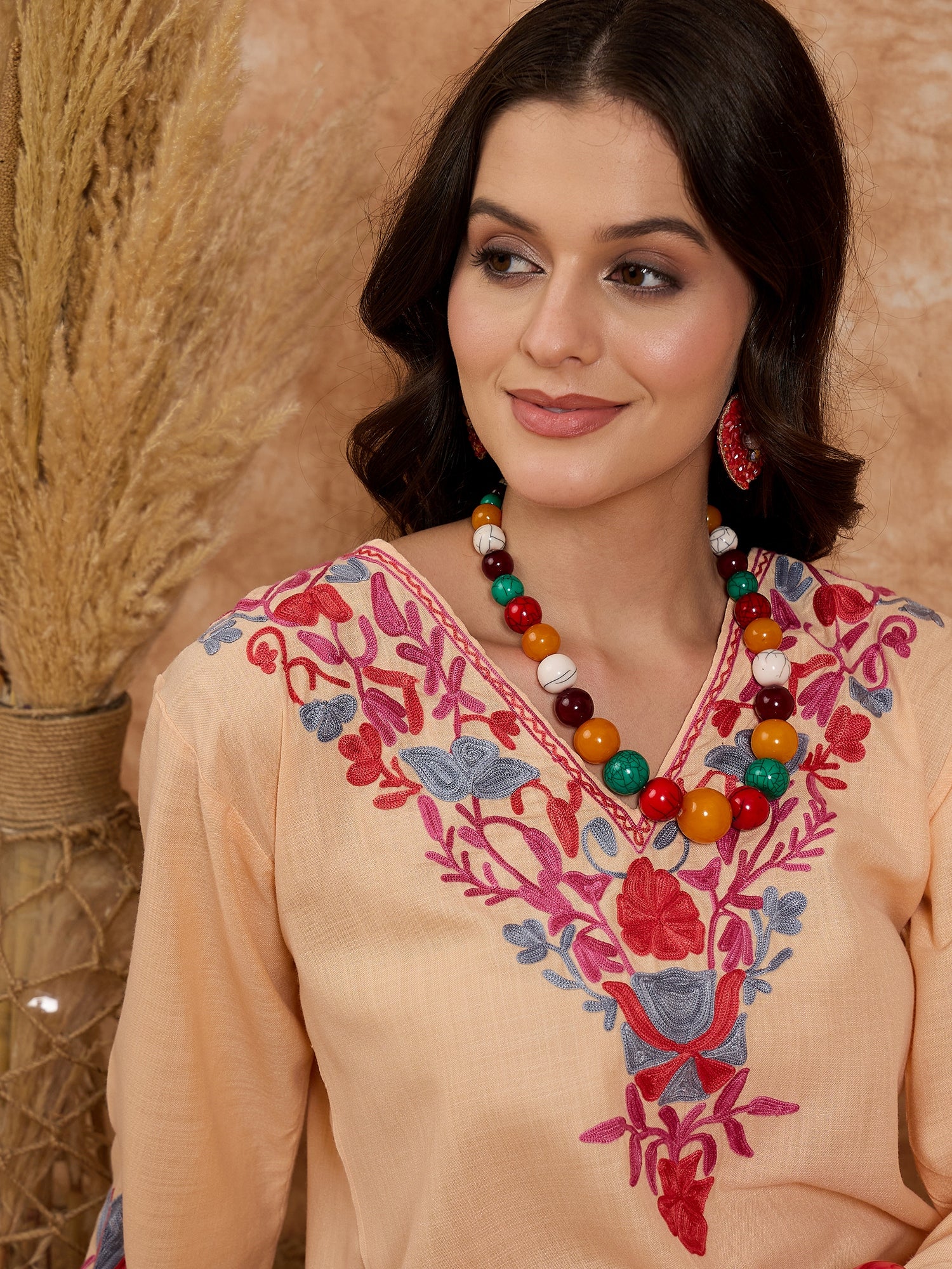 Amina Peach Cotton Kashmiri Kurta and Pants Set