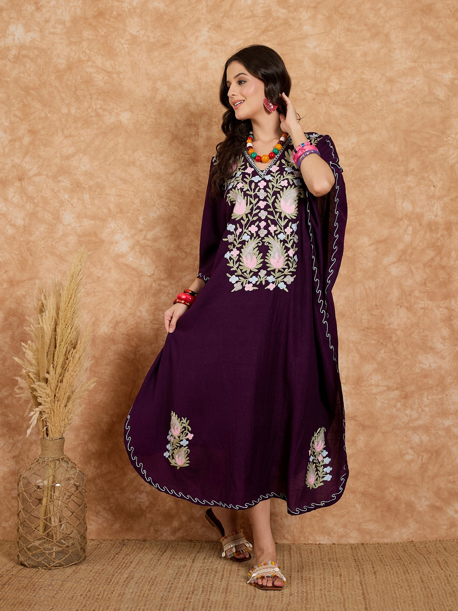 Grape Purple Kashmiri Summer Kaftan - Long