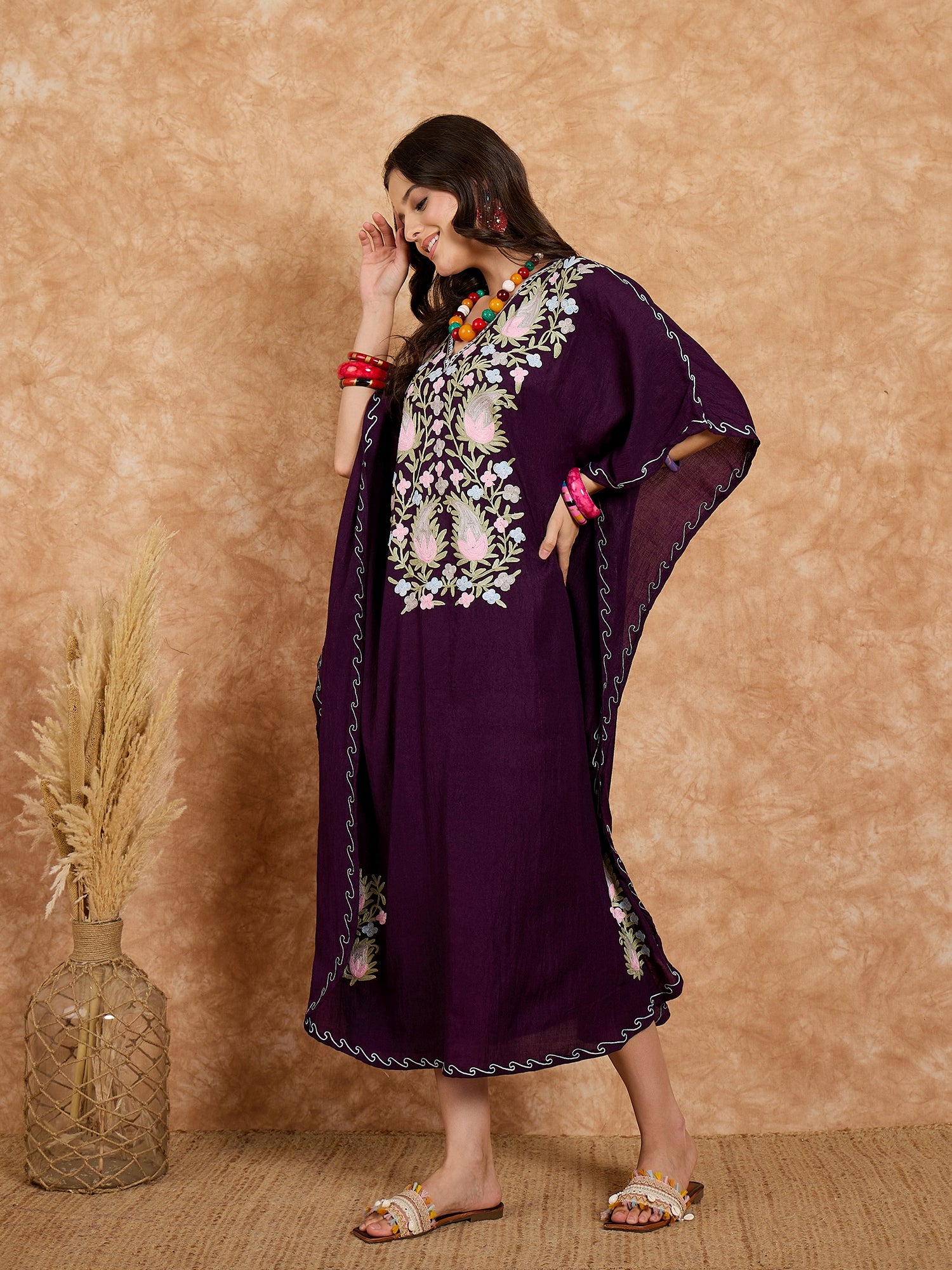 Grape Purple Kashmiri Summer Kaftan - Long