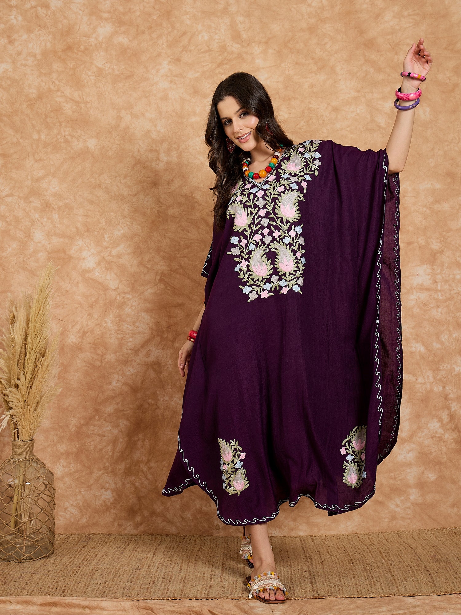 Grape Purple Kashmiri Summer Kaftan - Long