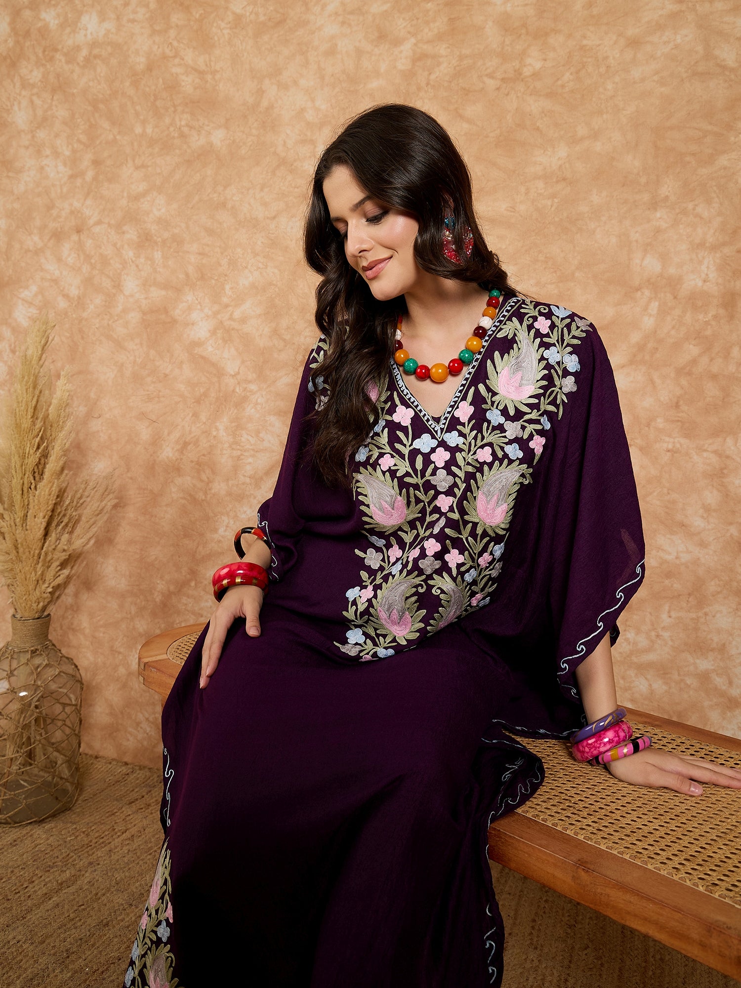 Grape Purple Kashmiri Summer Kaftan - Long
