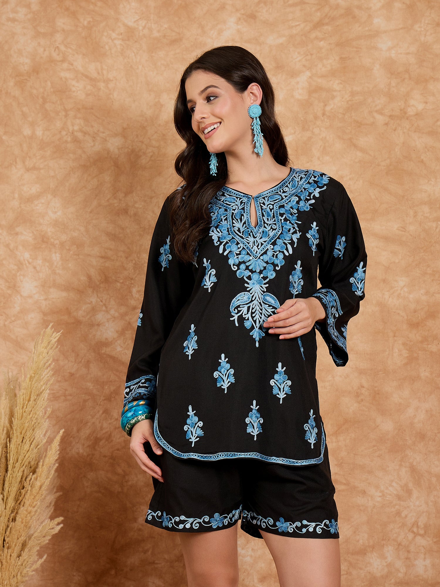 Azza Black Kashmiri Kurta and Shorts Set