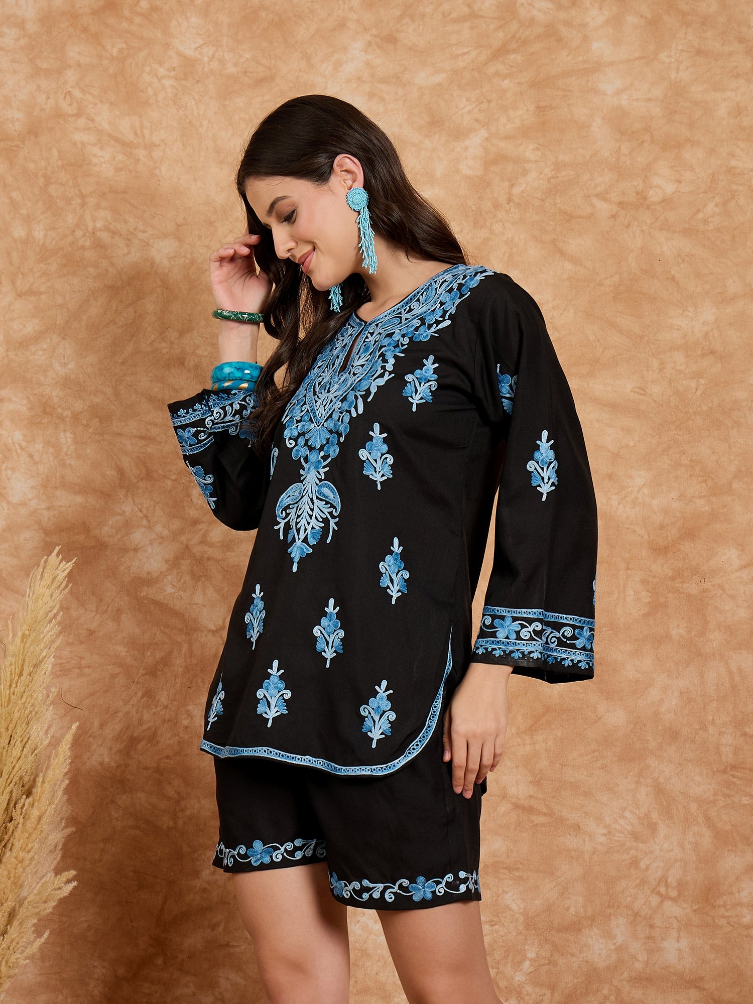 Azza Black Kashmiri Kurta and Shorts Set