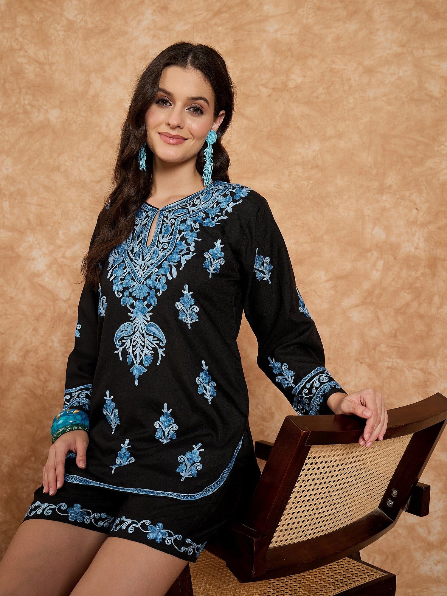 Azza Black Kashmiri Kurta and Shorts Set