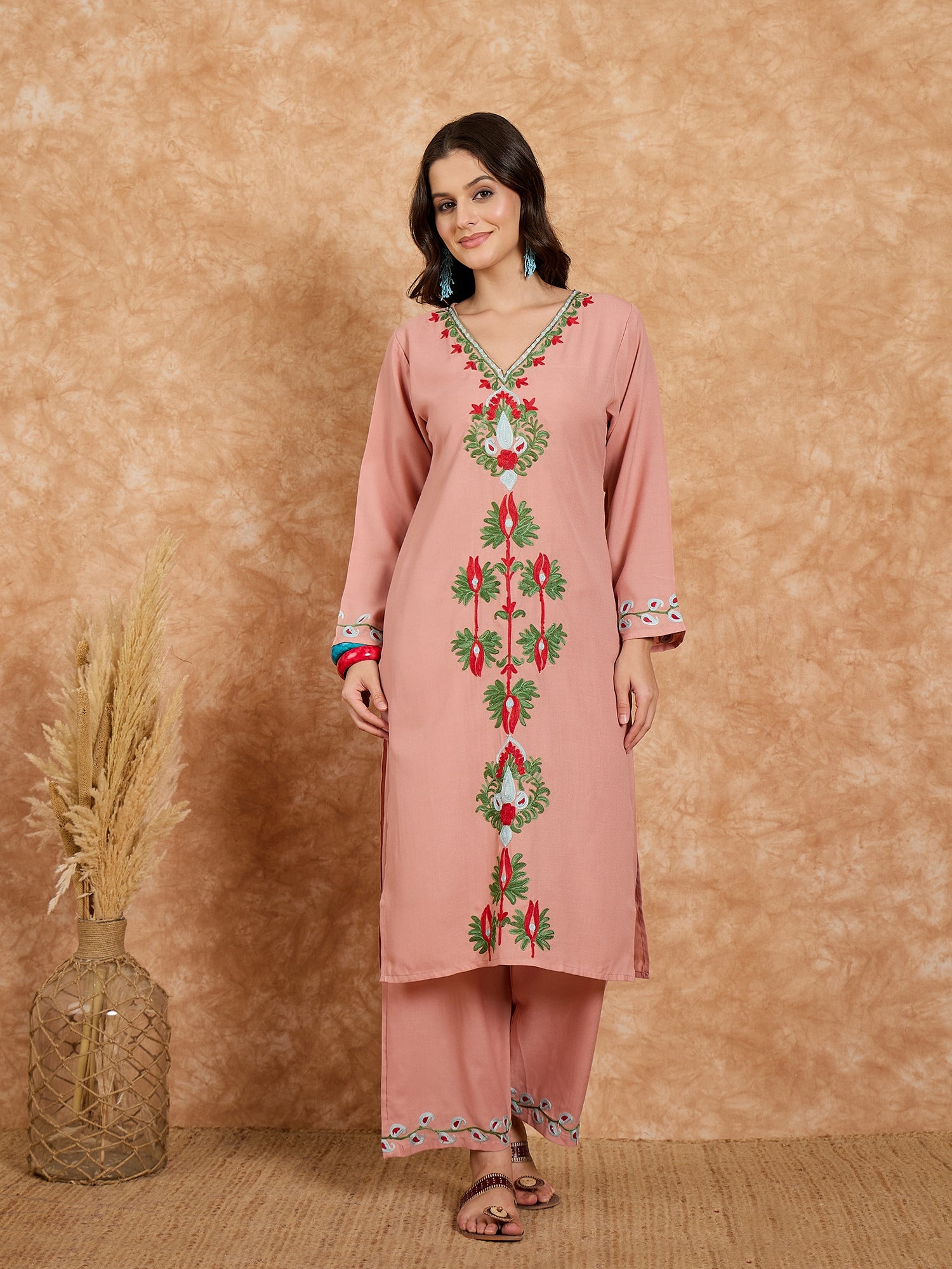 Azra Pink Cotton Kashmiri Kurta Suit Set with Dupatta