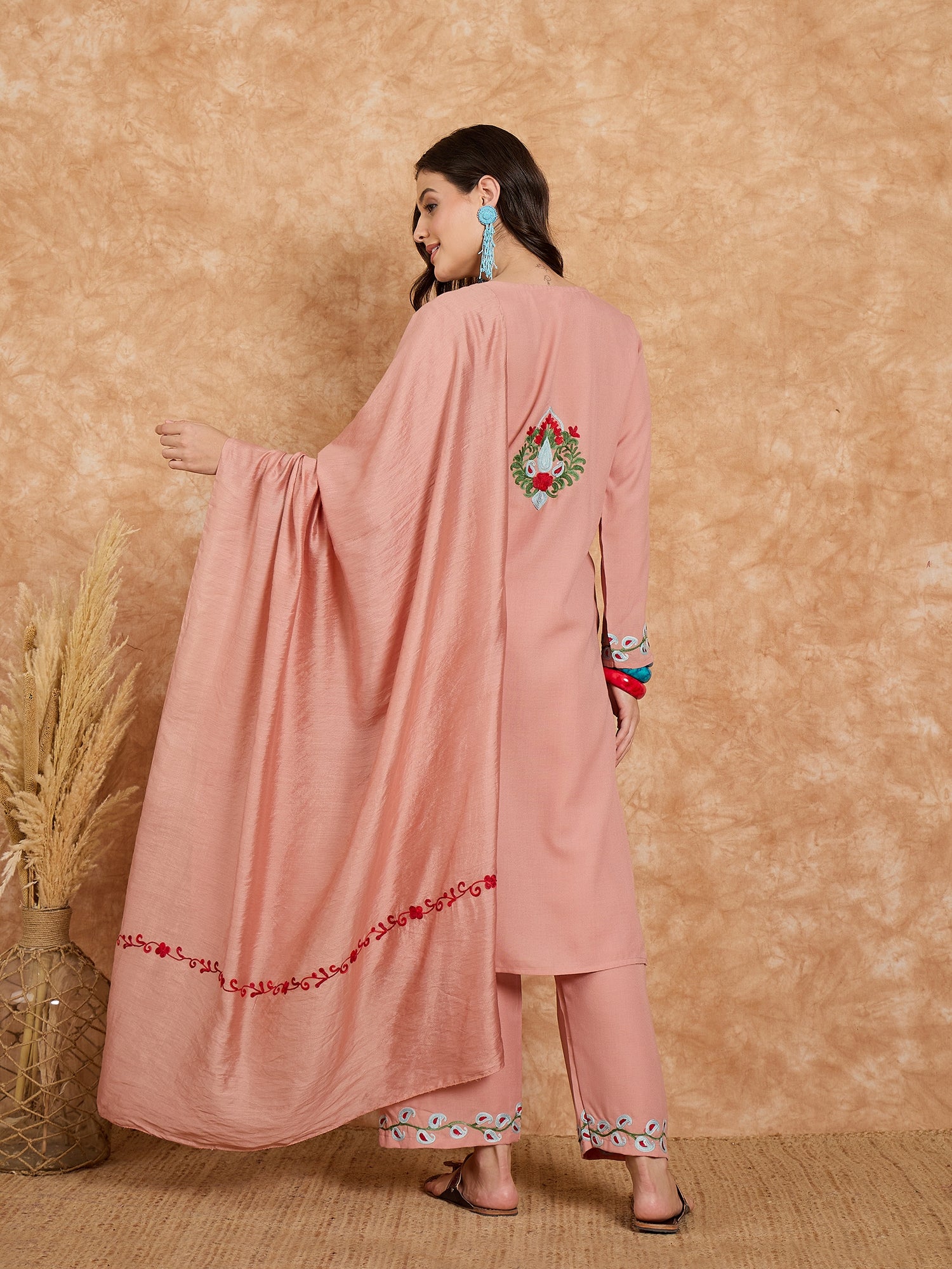 Azra Pink Cotton Kashmiri Kurta Suit Set with Dupatta