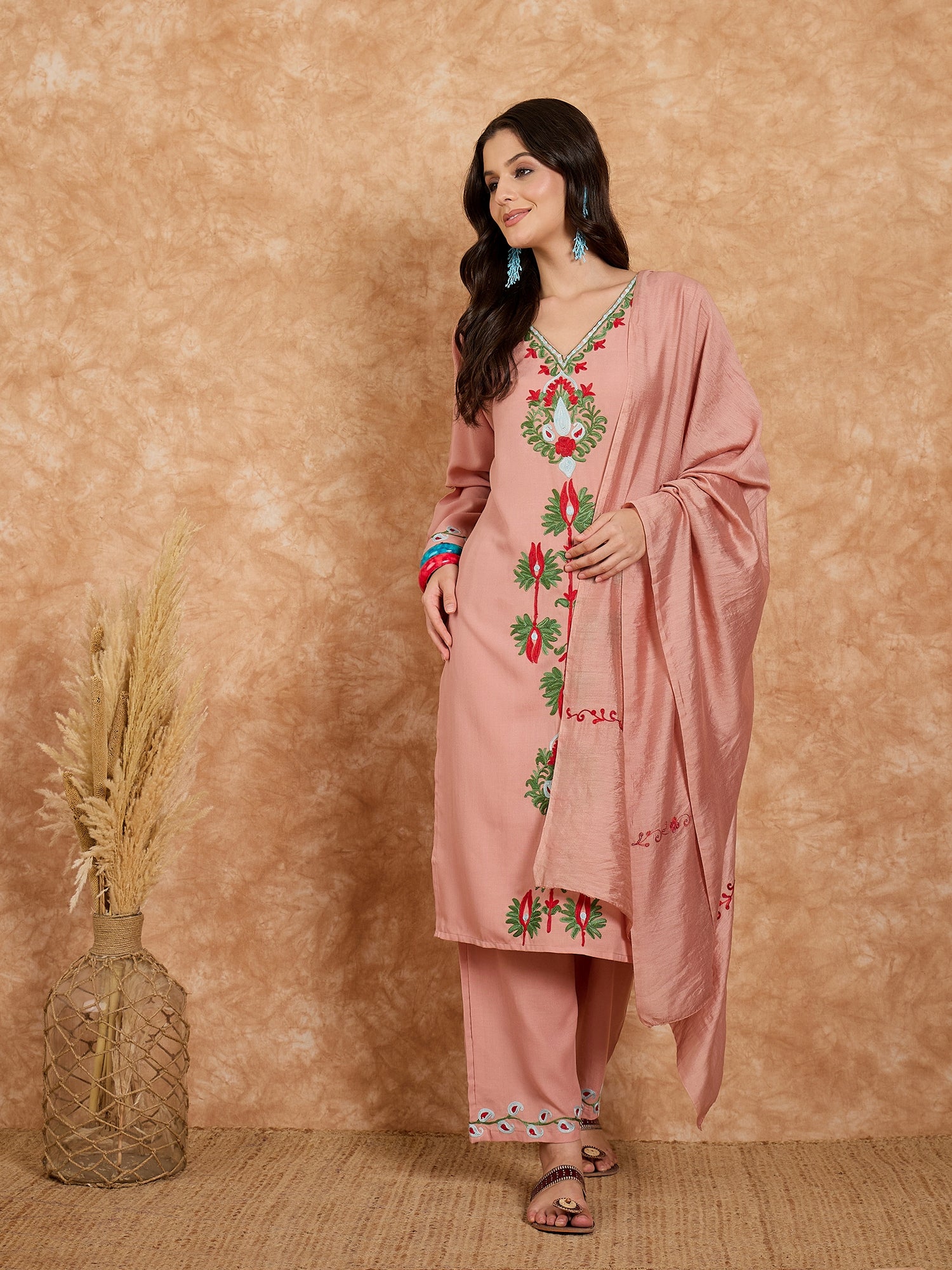 Azra Pink Cotton Kashmiri Kurta Suit Set with Dupatta