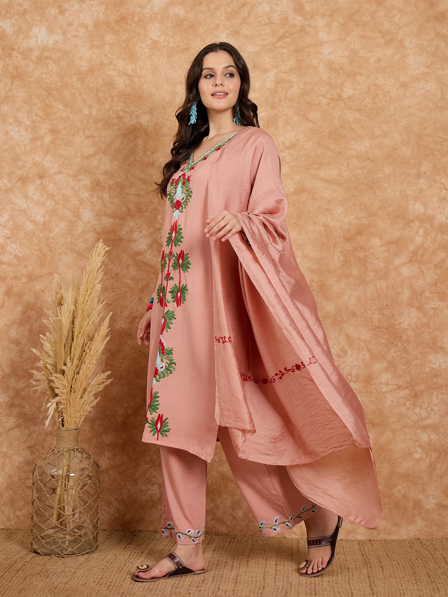 Azra Pink Cotton Kashmiri Kurta Suit Set with Dupatta