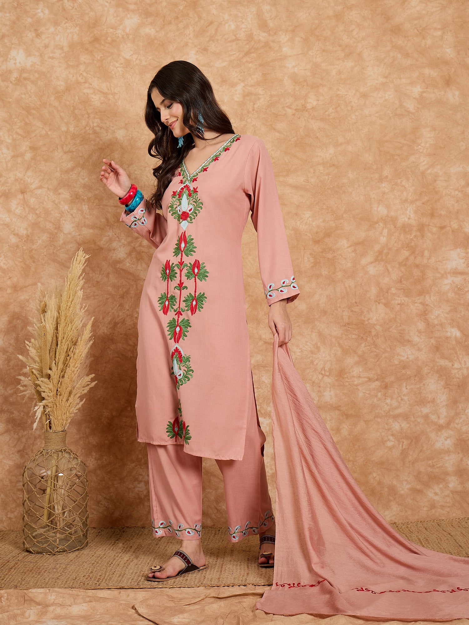 Azra Pink Cotton Kashmiri Kurta Suit Set with Dupatta