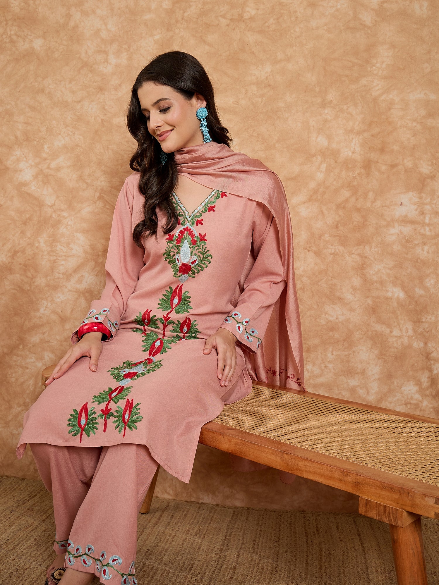 Azra Pink Cotton Kashmiri Kurta Suit Set with Dupatta