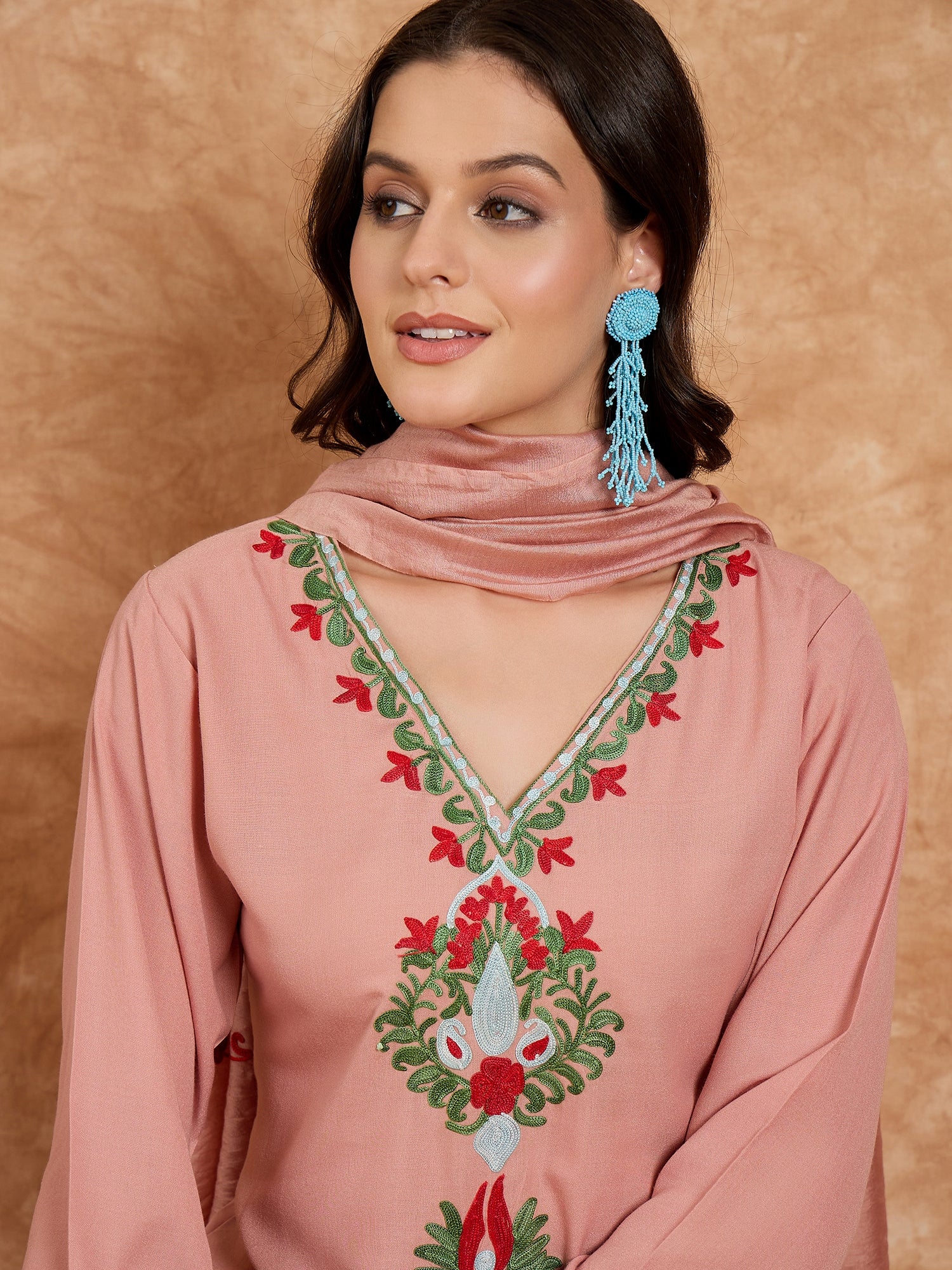 Azra Pink Cotton Kashmiri Kurta Suit Set with Dupatta