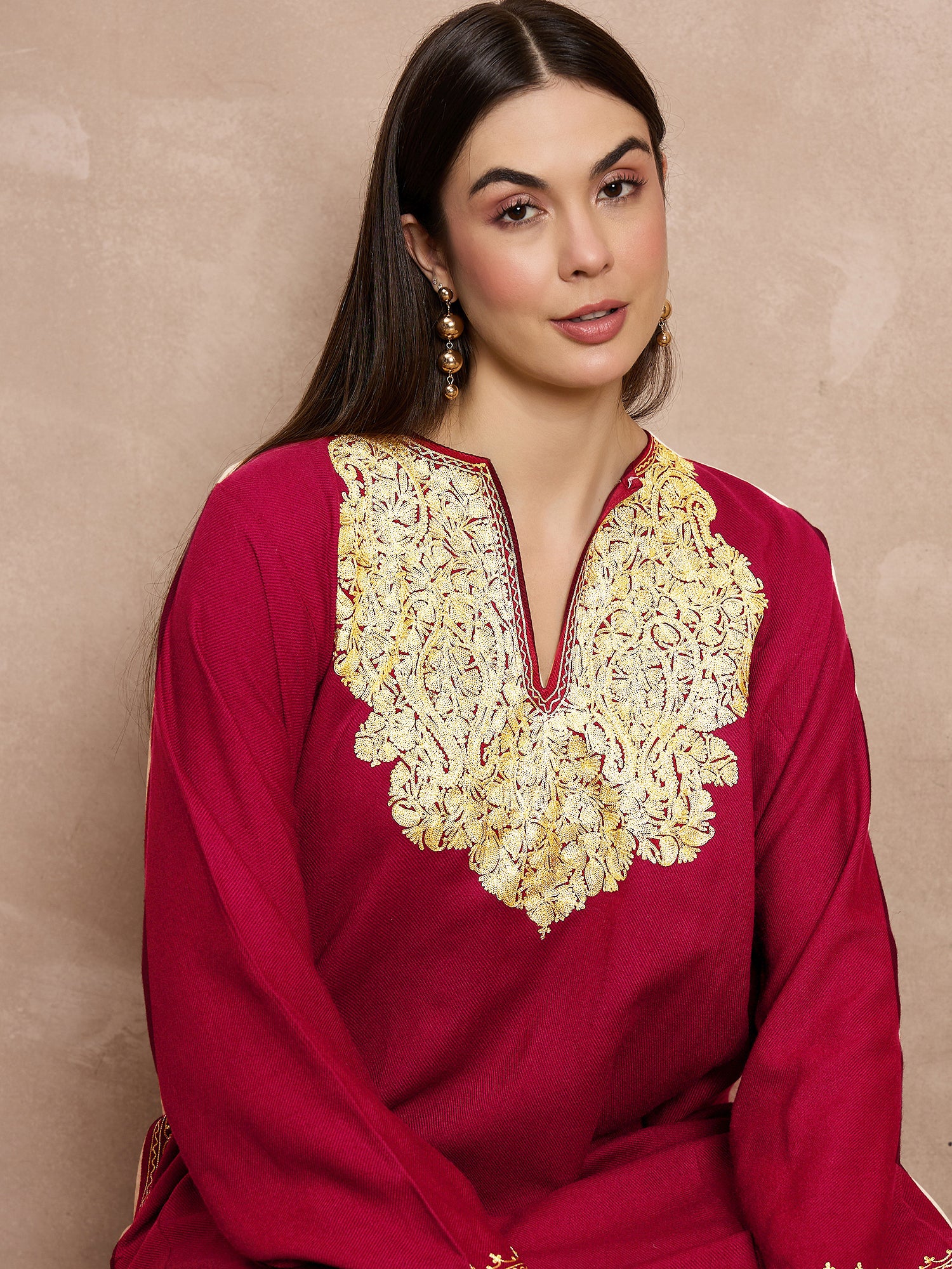 Lyla_Red_Kashmiri_Woollen_Phiran_with_Zari_Embroidery_shop_Namastay