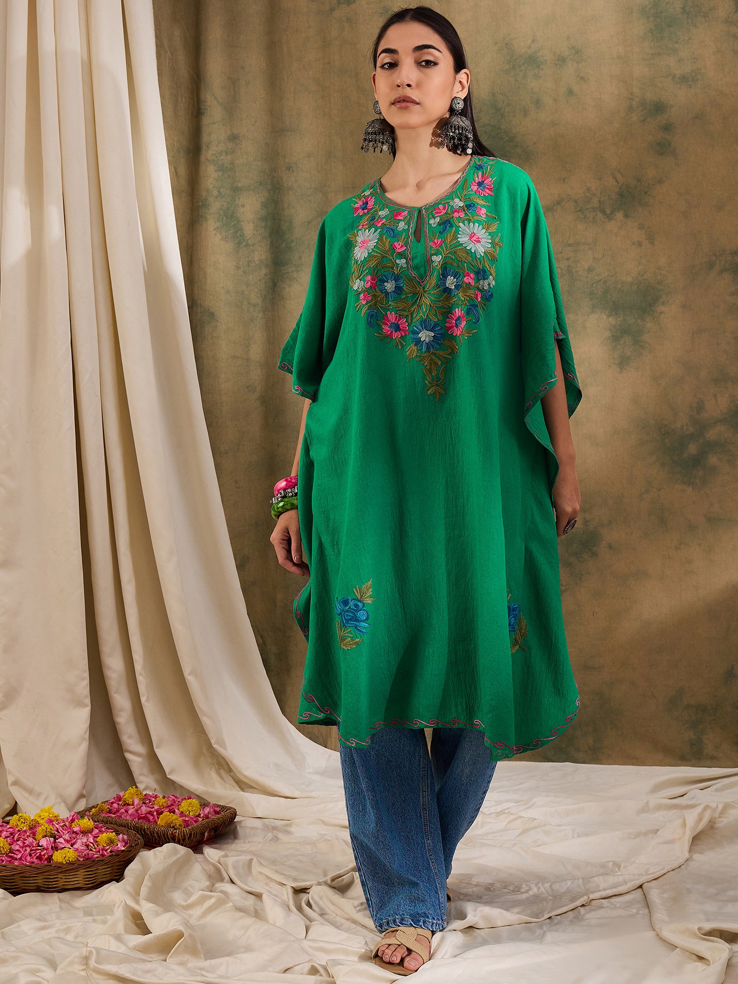 Basil Green Kashmiri Short Cotton Kaftan