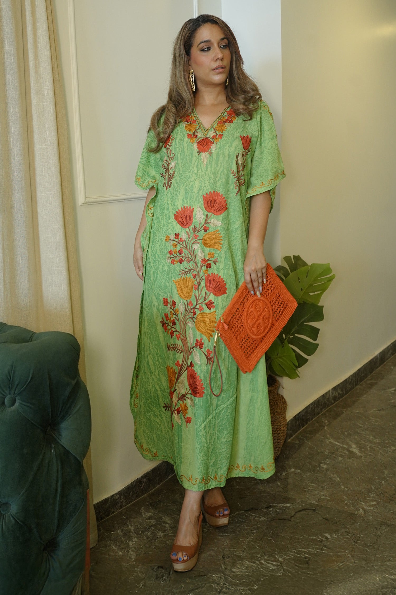 Glam Green Kashmiri Summer Long Cotton Kaftan