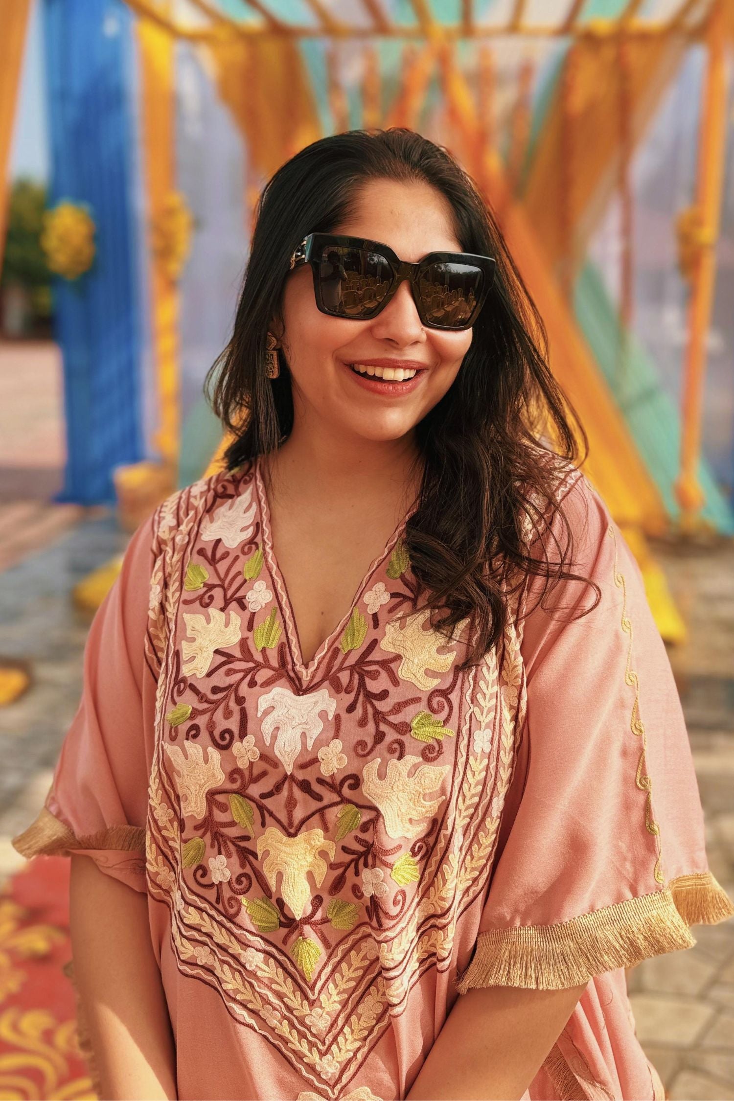Vagmita in our Vagmita in our Heer Pastel Pink Fringe Kashmiri Kaftan Coord Set