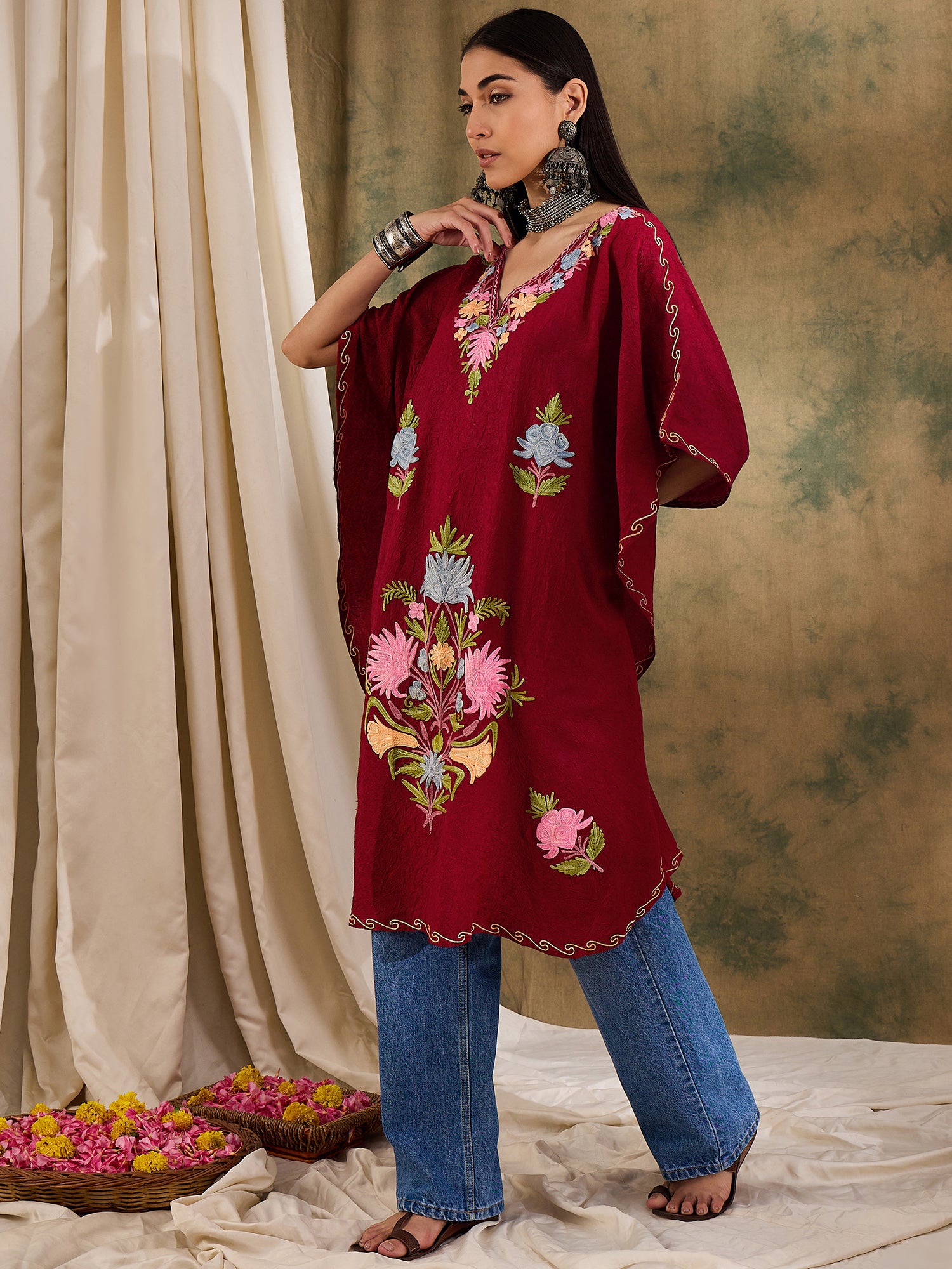Marsala_Red_Kashmiri_Embroidered_Short_Cotton_Kaftan_shop_Namastay