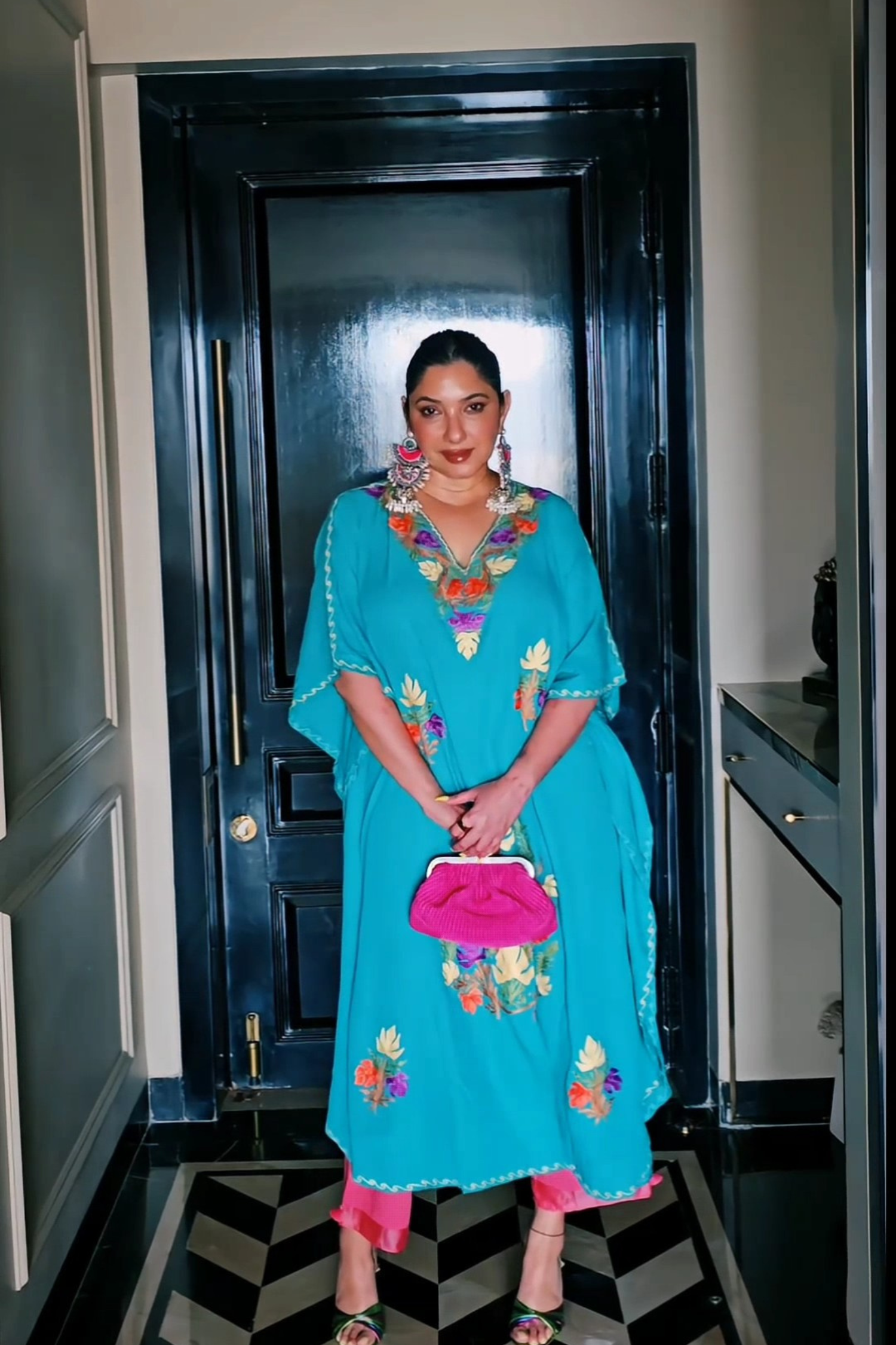 Shonmina in Pine Green Aari Embroidered Kashmiri Long Cotton Kaftan