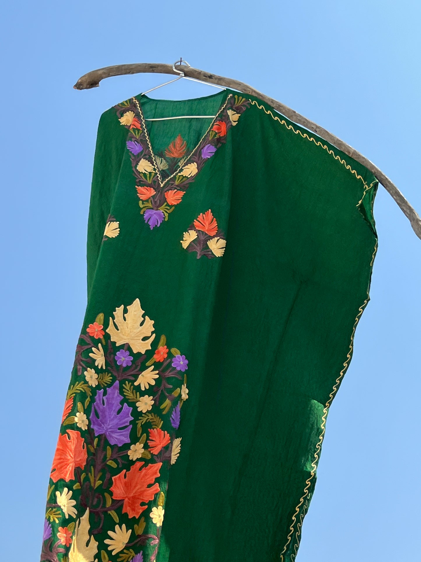 Forest Green Long Kashmiri Aari Embroidered Kaftan