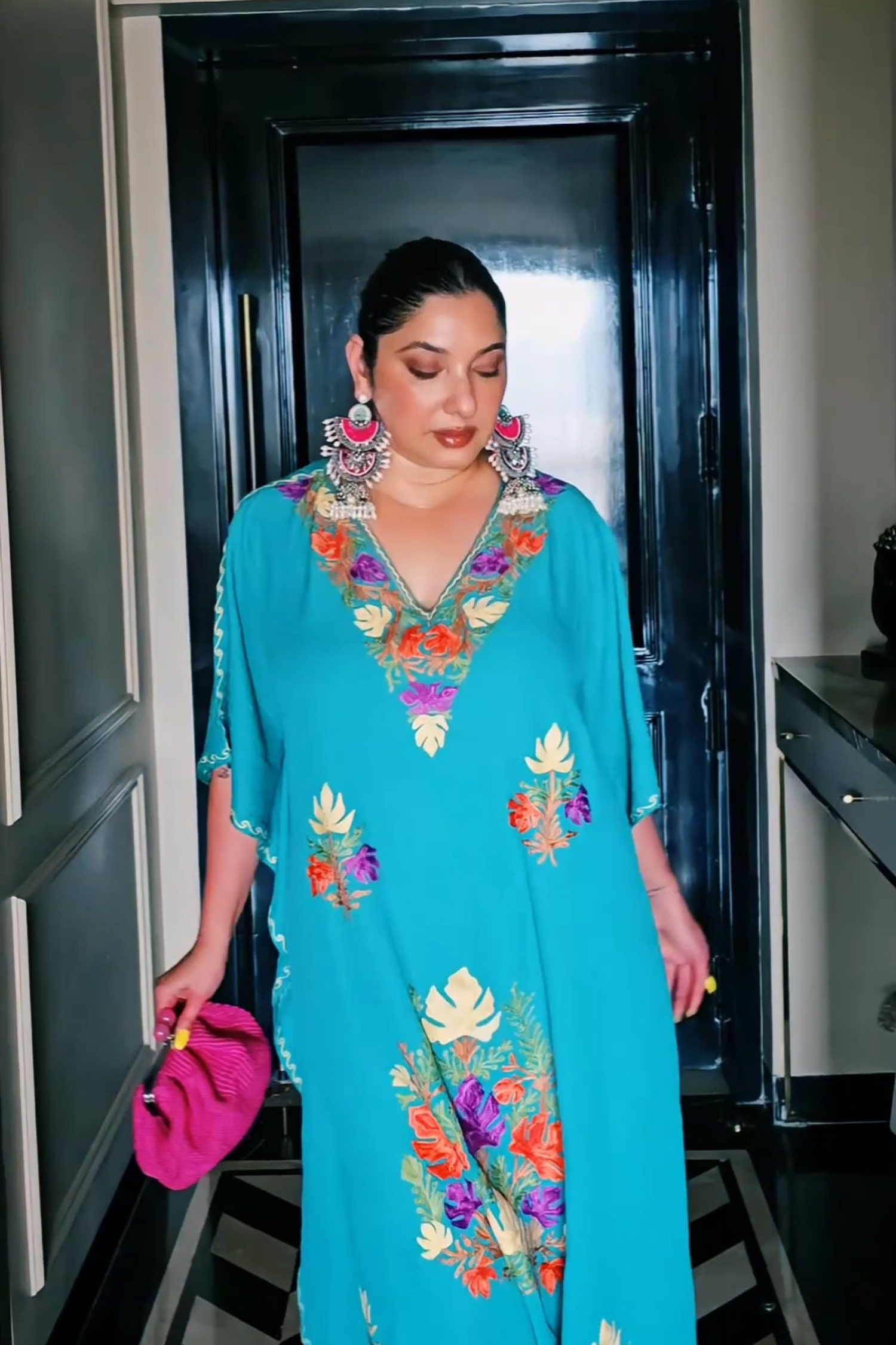 Shonmina in Pine Green Aari Embroidered Kashmiri Long Cotton Kaftan