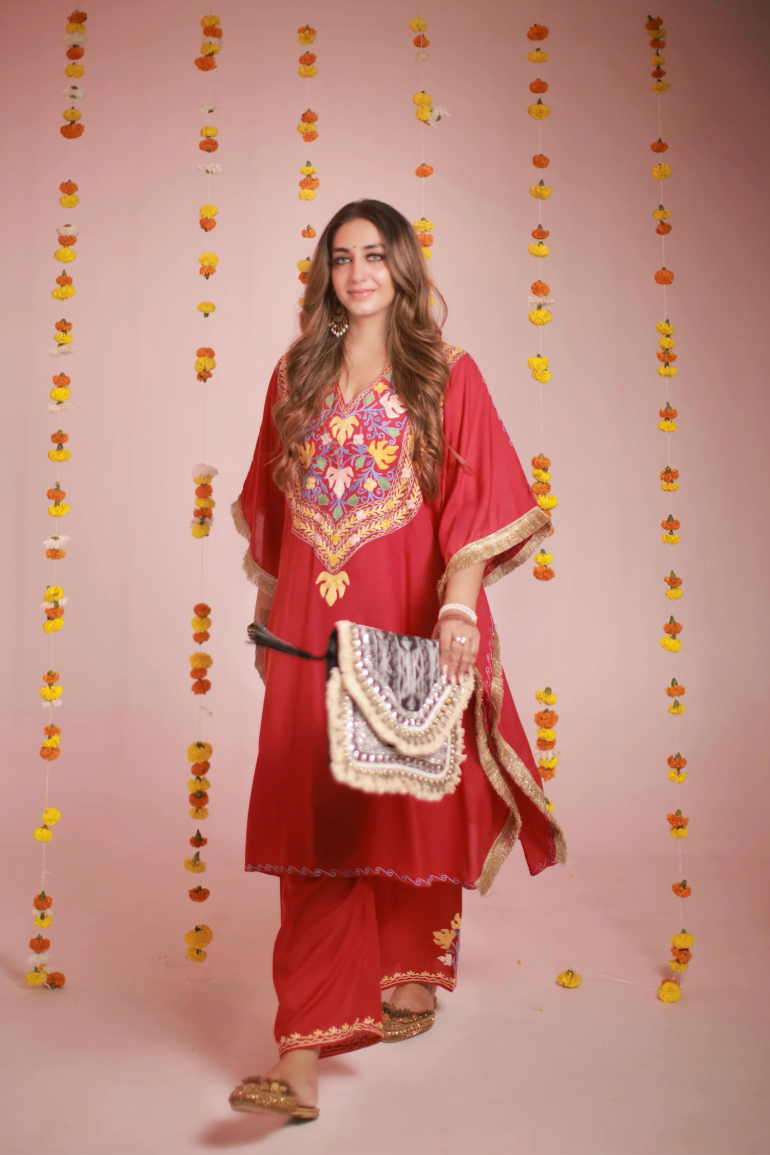 Shiana Kothari In Our Myra Red Fringe Kashmiri Cotton Kaftan Coord Set