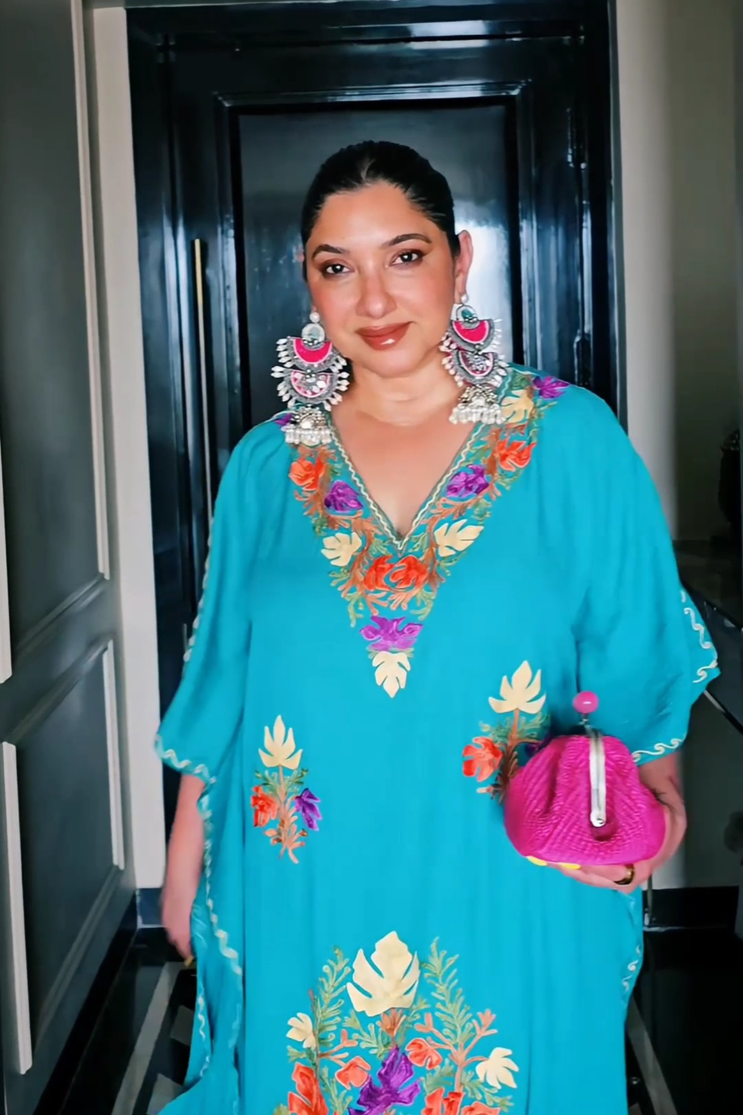 Shonmina in Pine Green Aari Embroidered Kashmiri Long Cotton Kaftan