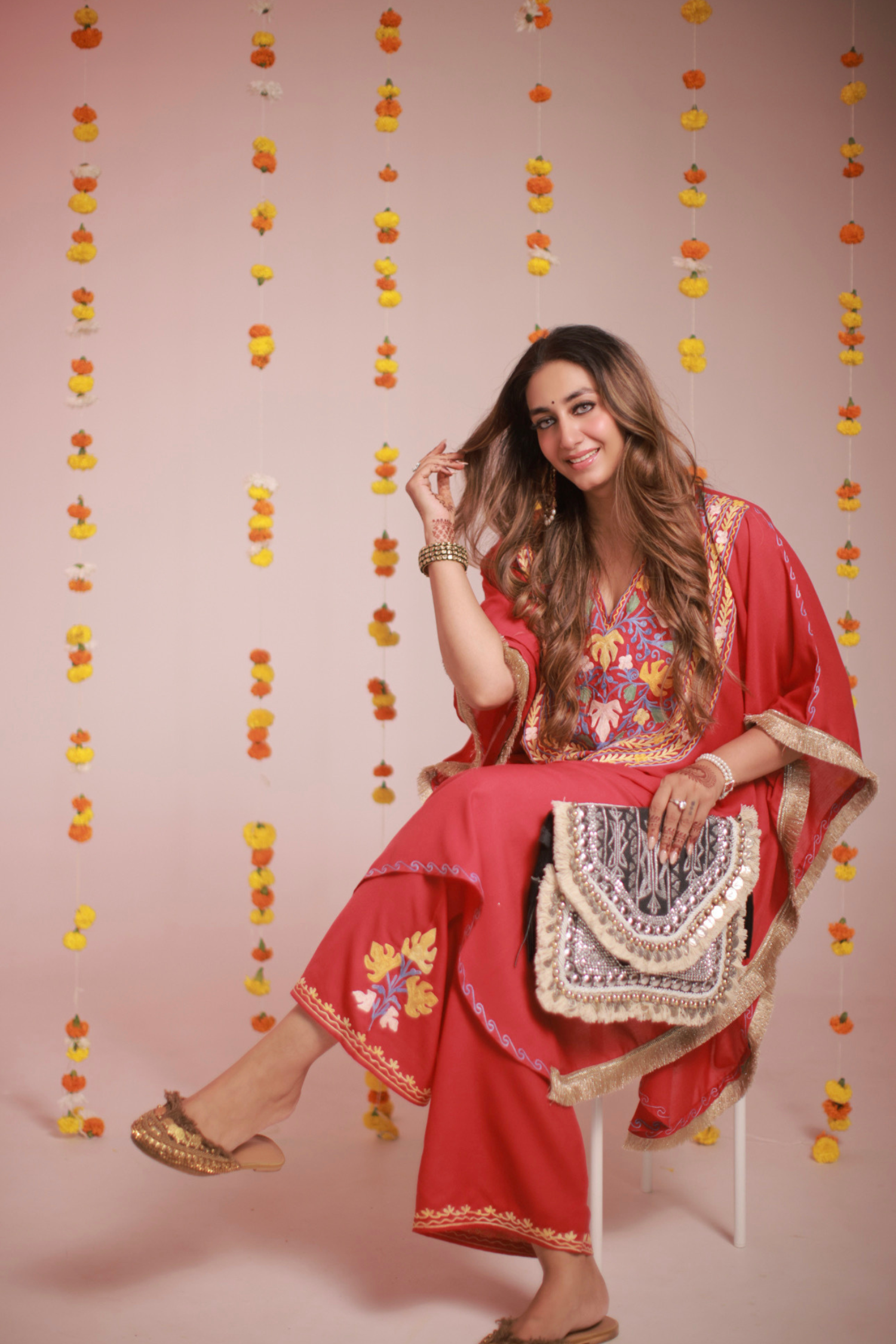 Shiana Kothari In Our Myra Red Fringe Kashmiri Cotton Kaftan Coord Set