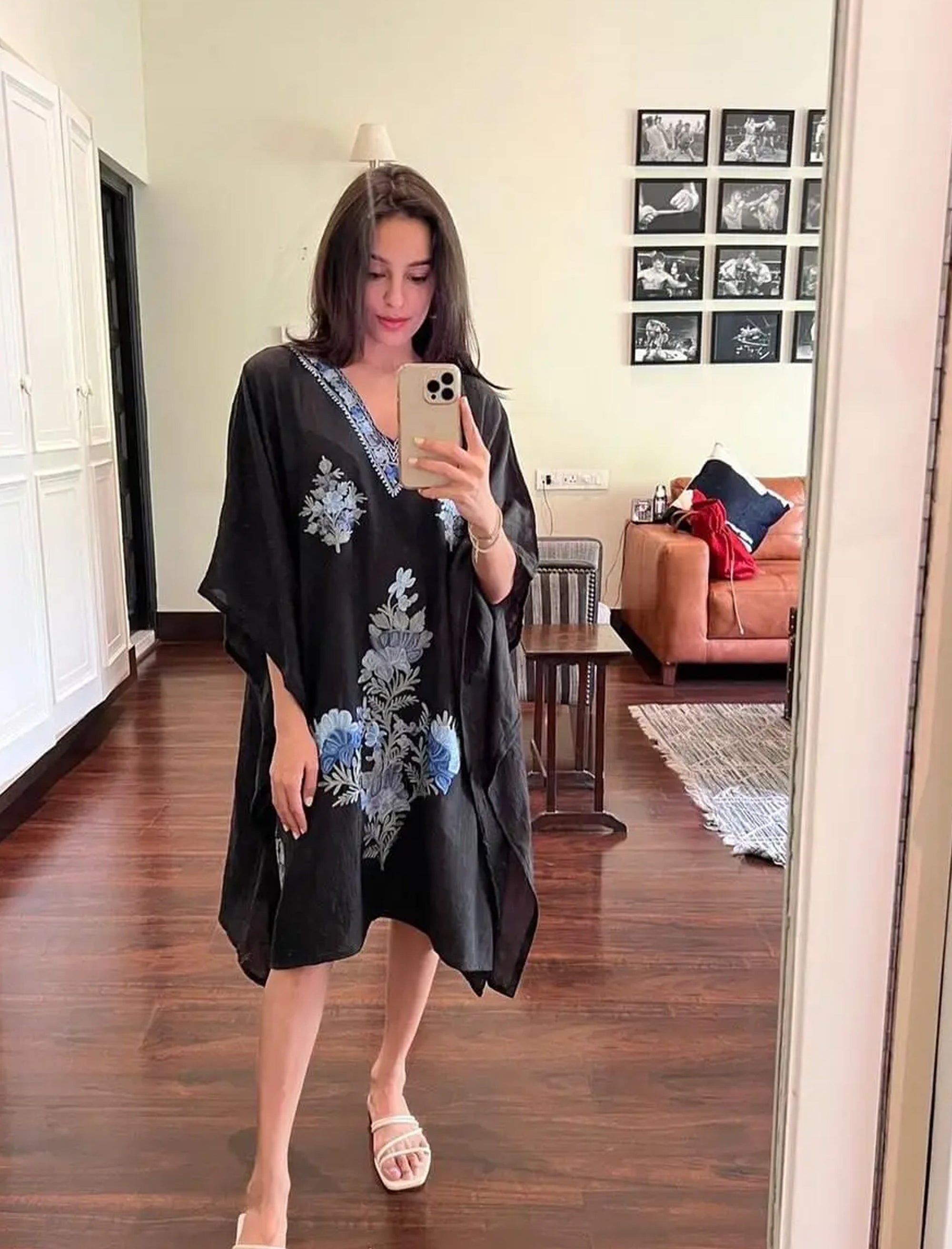 Charcoal_Black_Kashmiri_Summer_Short_Cotton_Kaftan_shop_Namastay