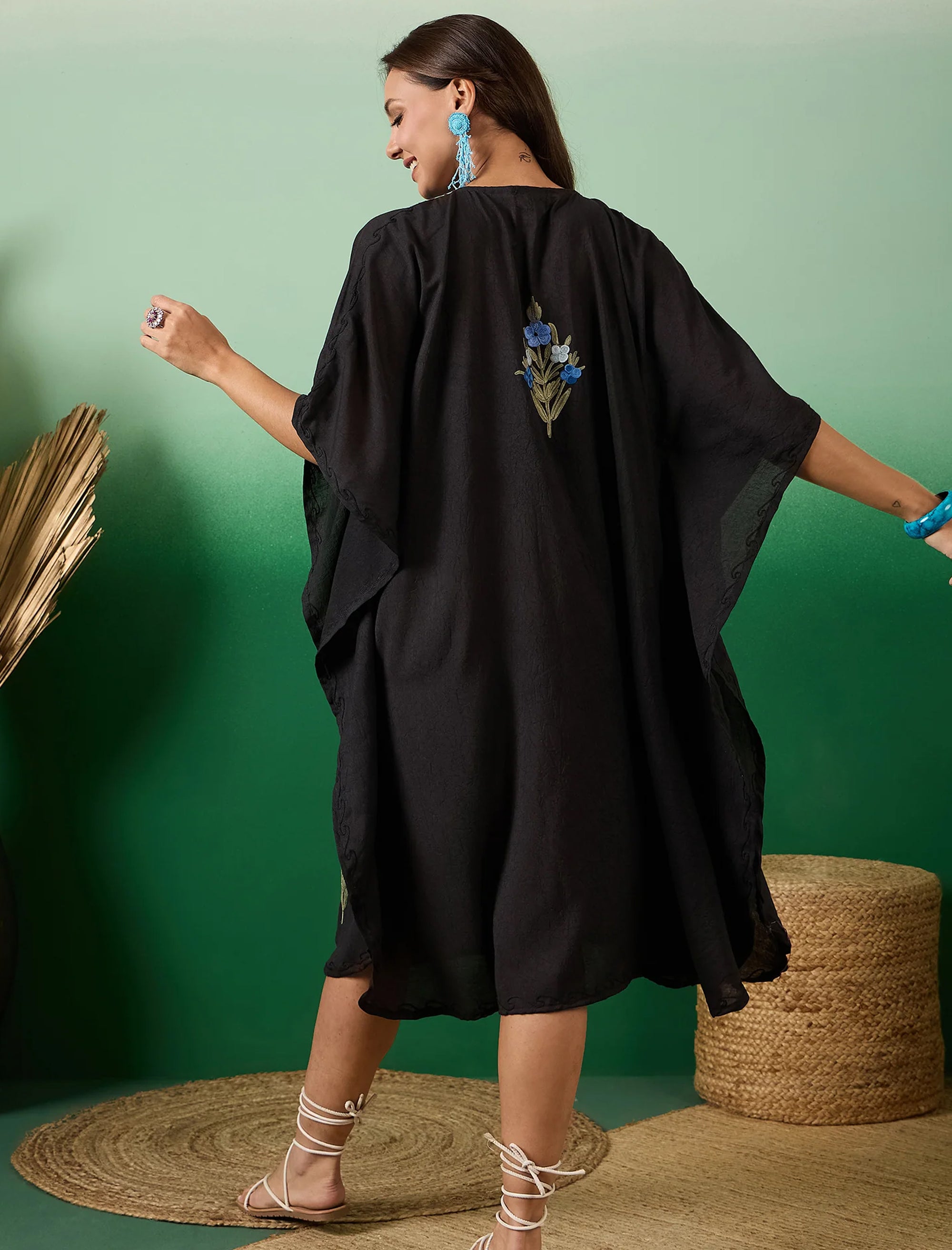 Charcoal_Black_Kashmiri_Summer_Short_Cotton_Kaftan_shop_Namastay
