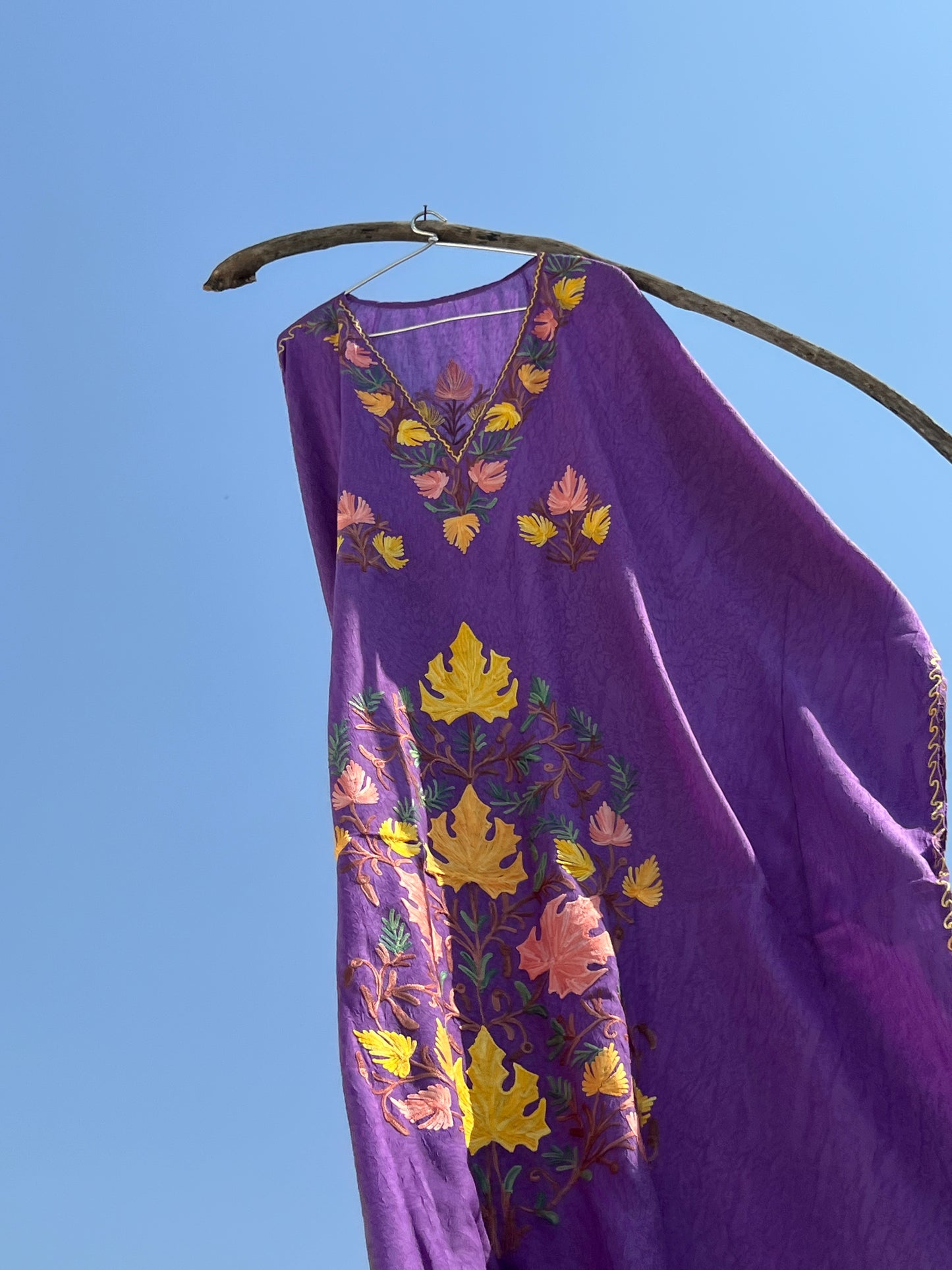 Purple Long Kashmiri Aari Embroidered Long Kaftan