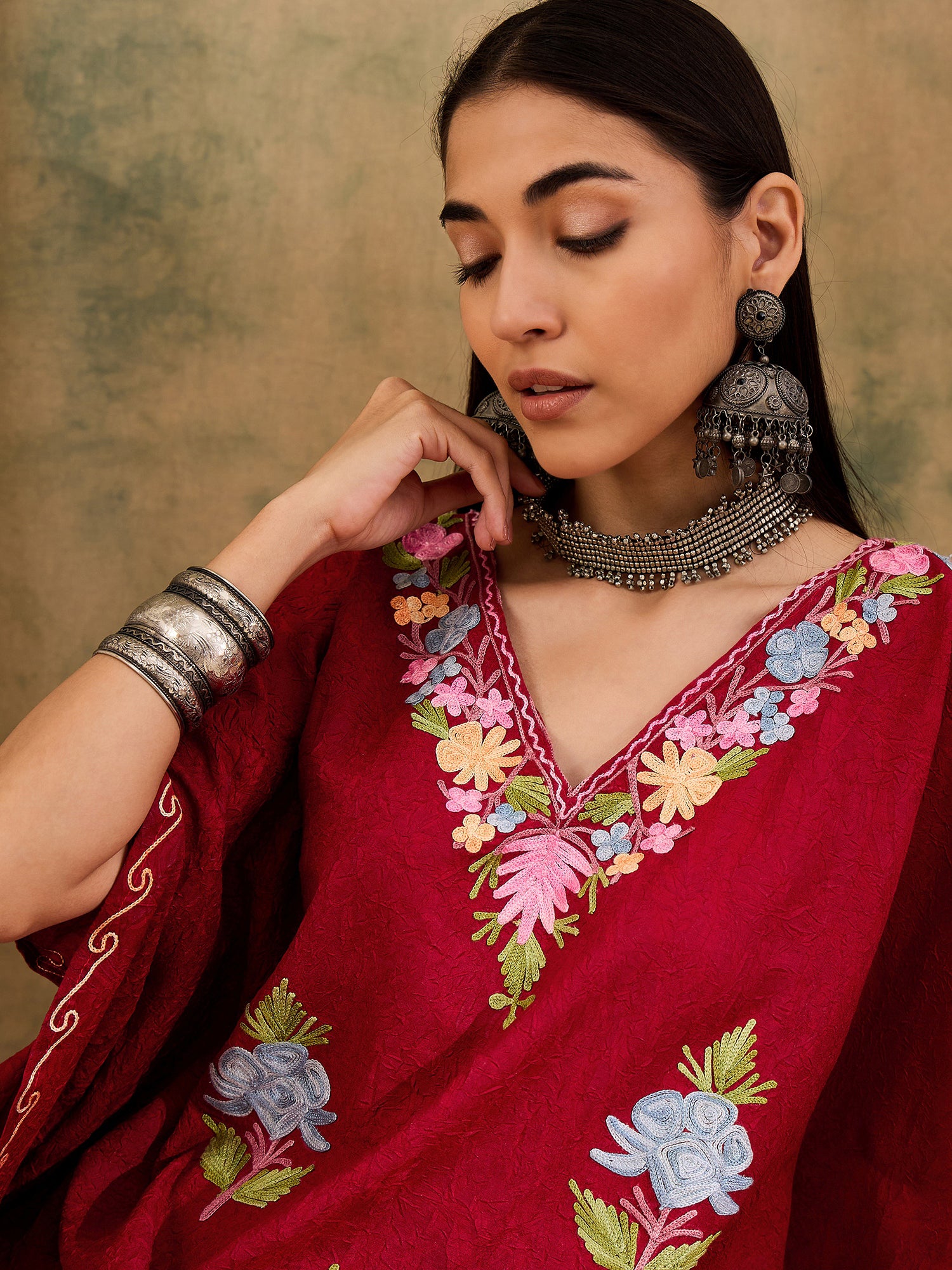 Marsala_Red_Kashmiri_Embroidered_Short_Cotton_Kaftan_shop_Namastay