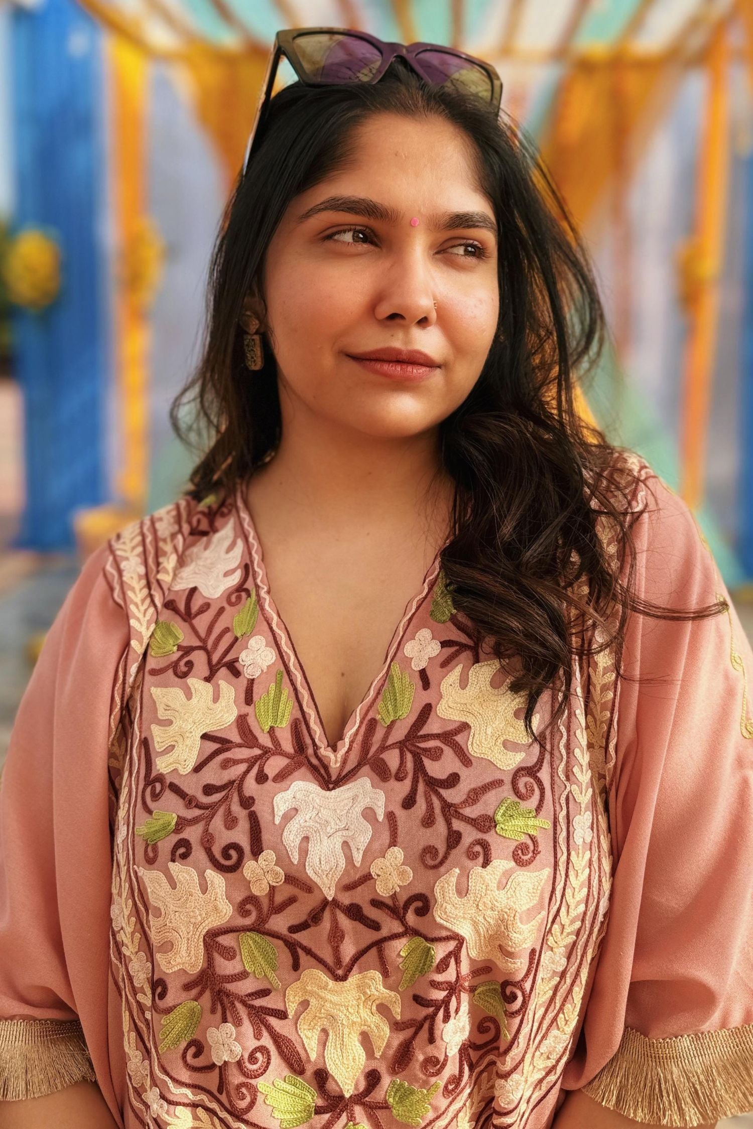 Vagmita in our Vagmita in our Heer Pastel Pink Fringe Kashmiri Kaftan Coord Set