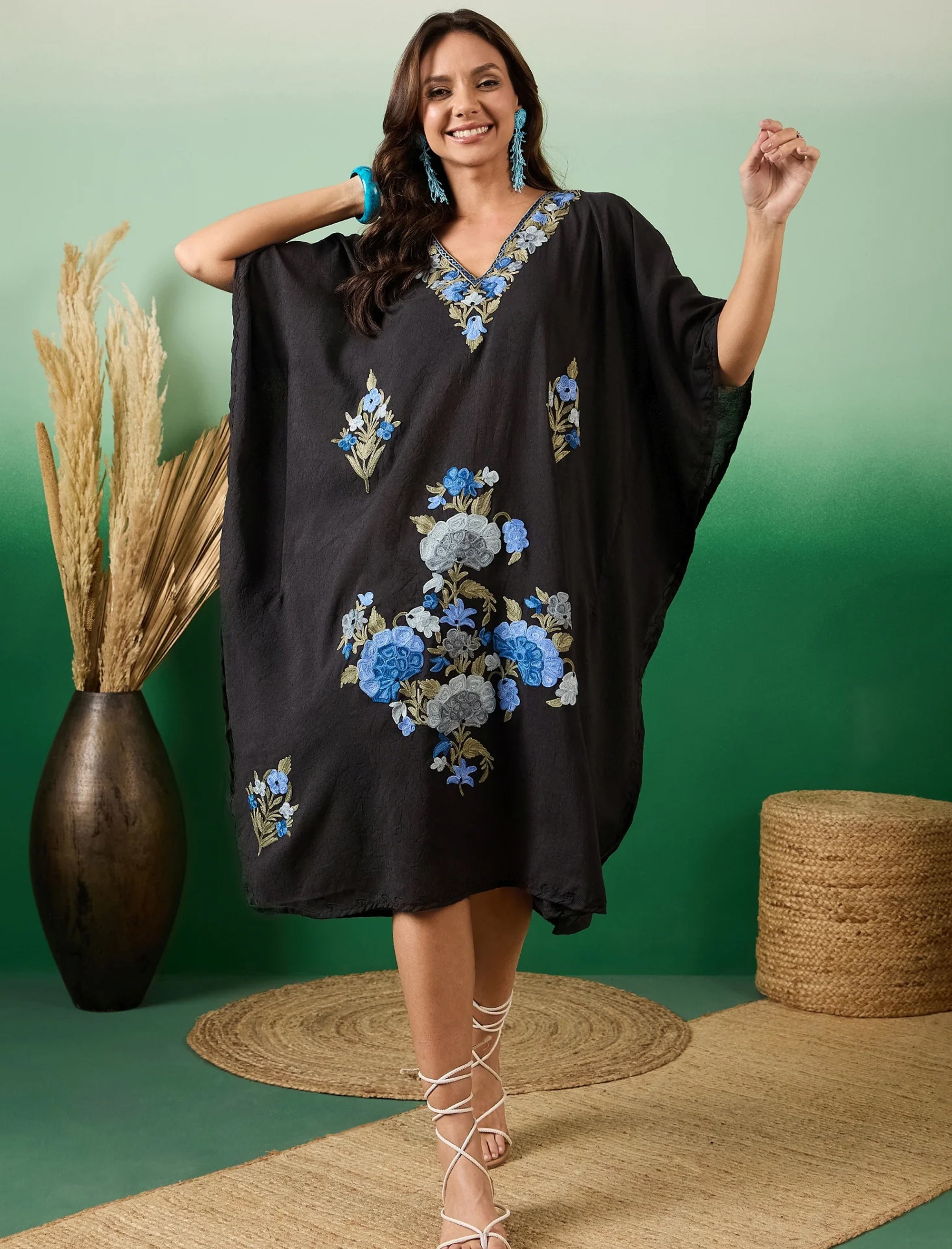 Charcoal_Black_Kashmiri_Summer_Short_Cotton_Kaftan_shop_Namastay