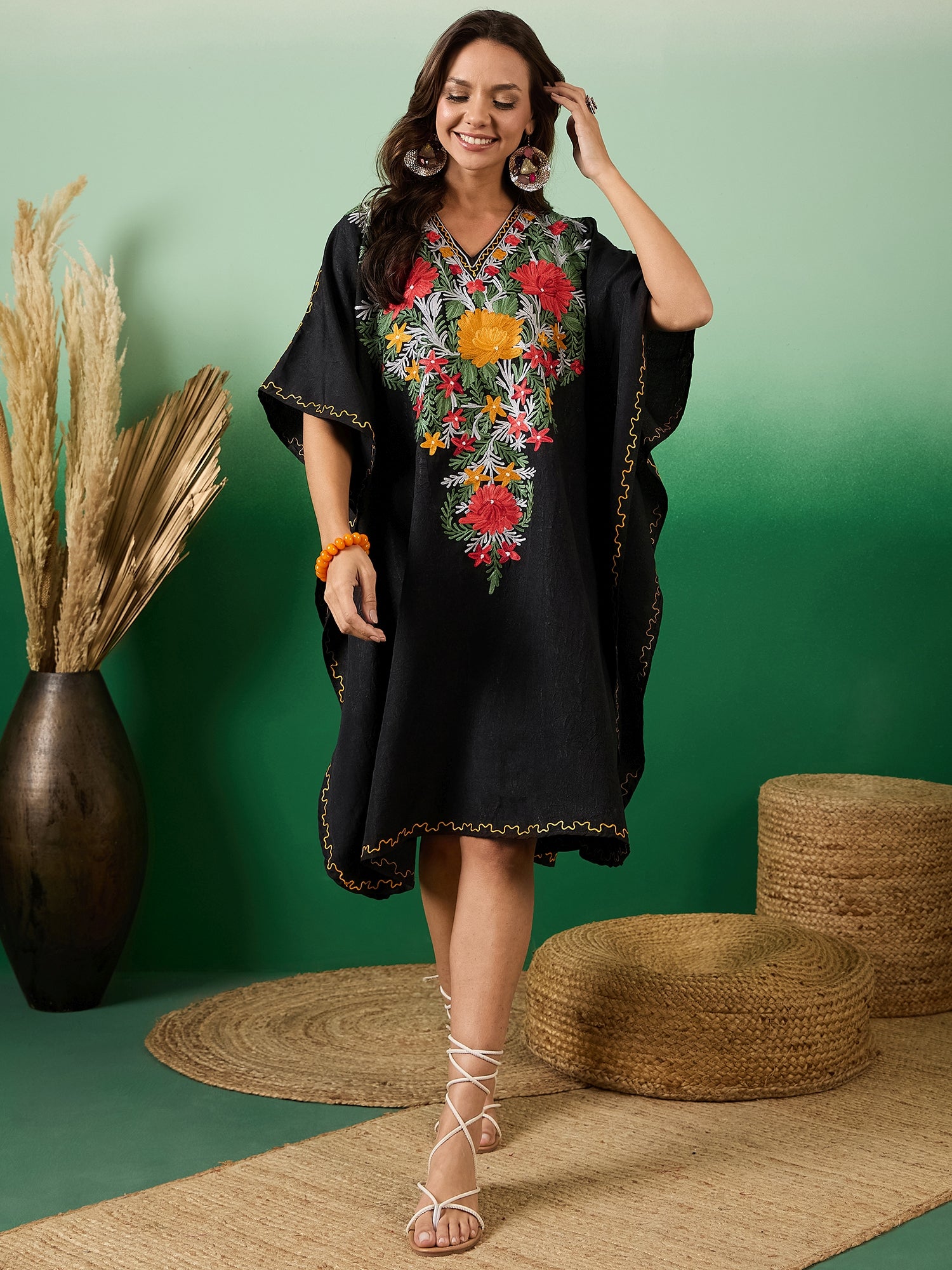 Jade_Black_Kashmiri_Embroidered_Summer_Short_Cotton_Kaftan_shop_Namastay