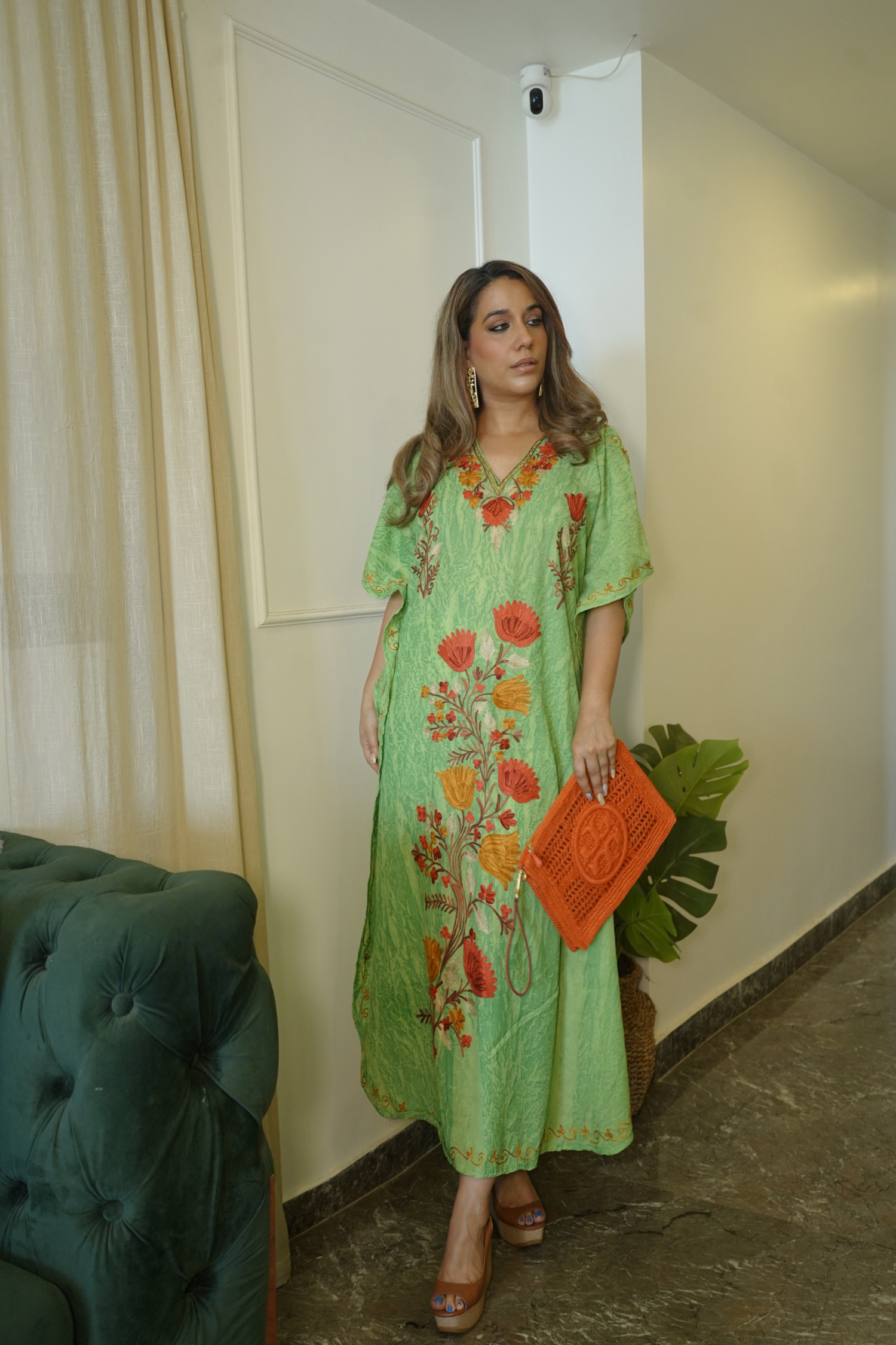 Natasha Desai in Glam Green Kashmiri Summer Long Cotton Kaftan