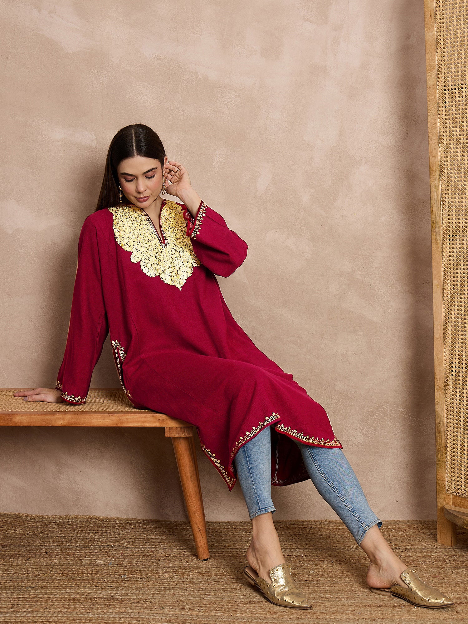 Lyla_Red_Kashmiri_Woollen_Phiran_with_Zari_Embroidery_shop_Namastay