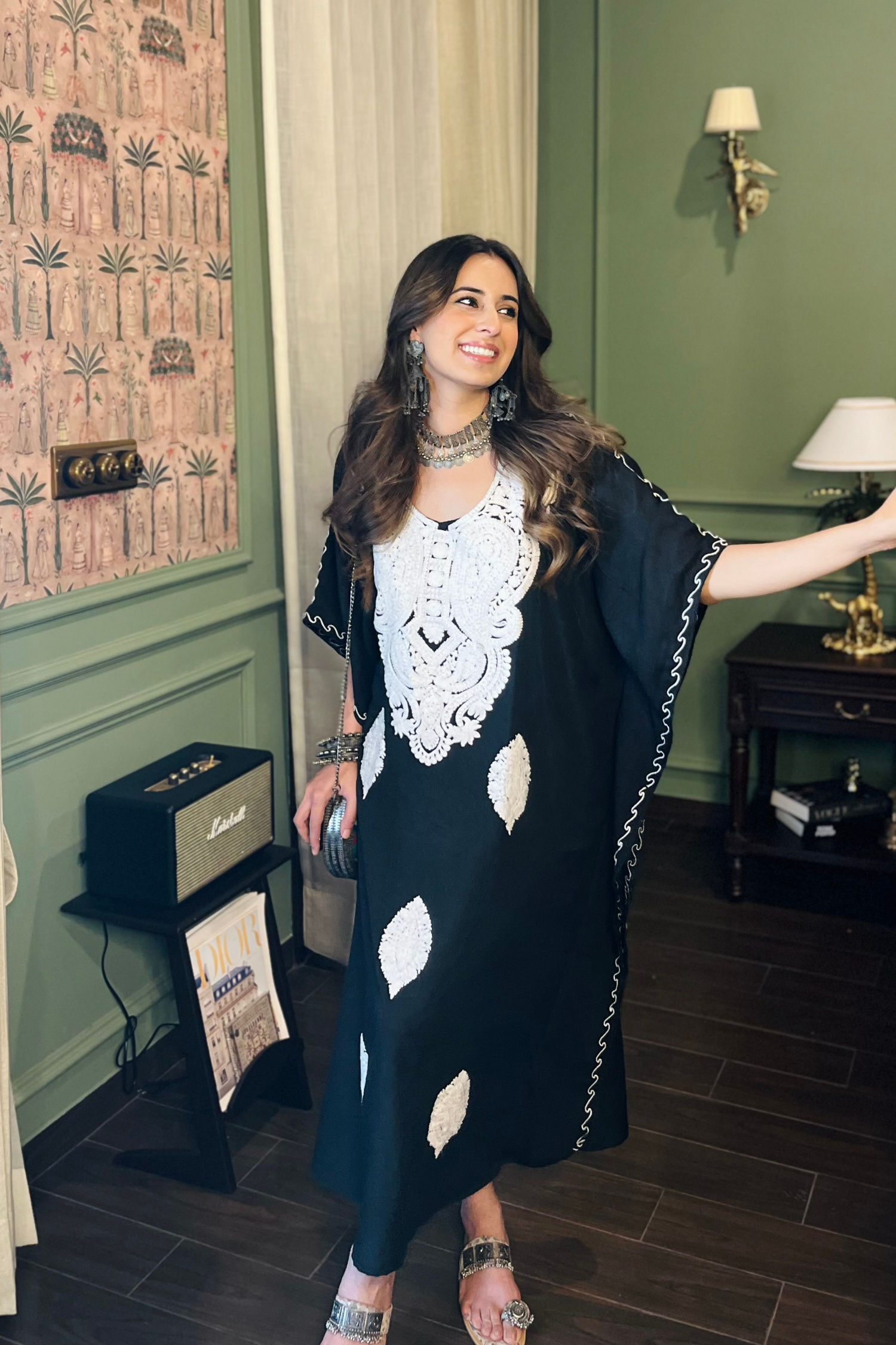 Sania chaddha In Our Sable Black Kashmiri Embroidered Long Cotton Kaftan