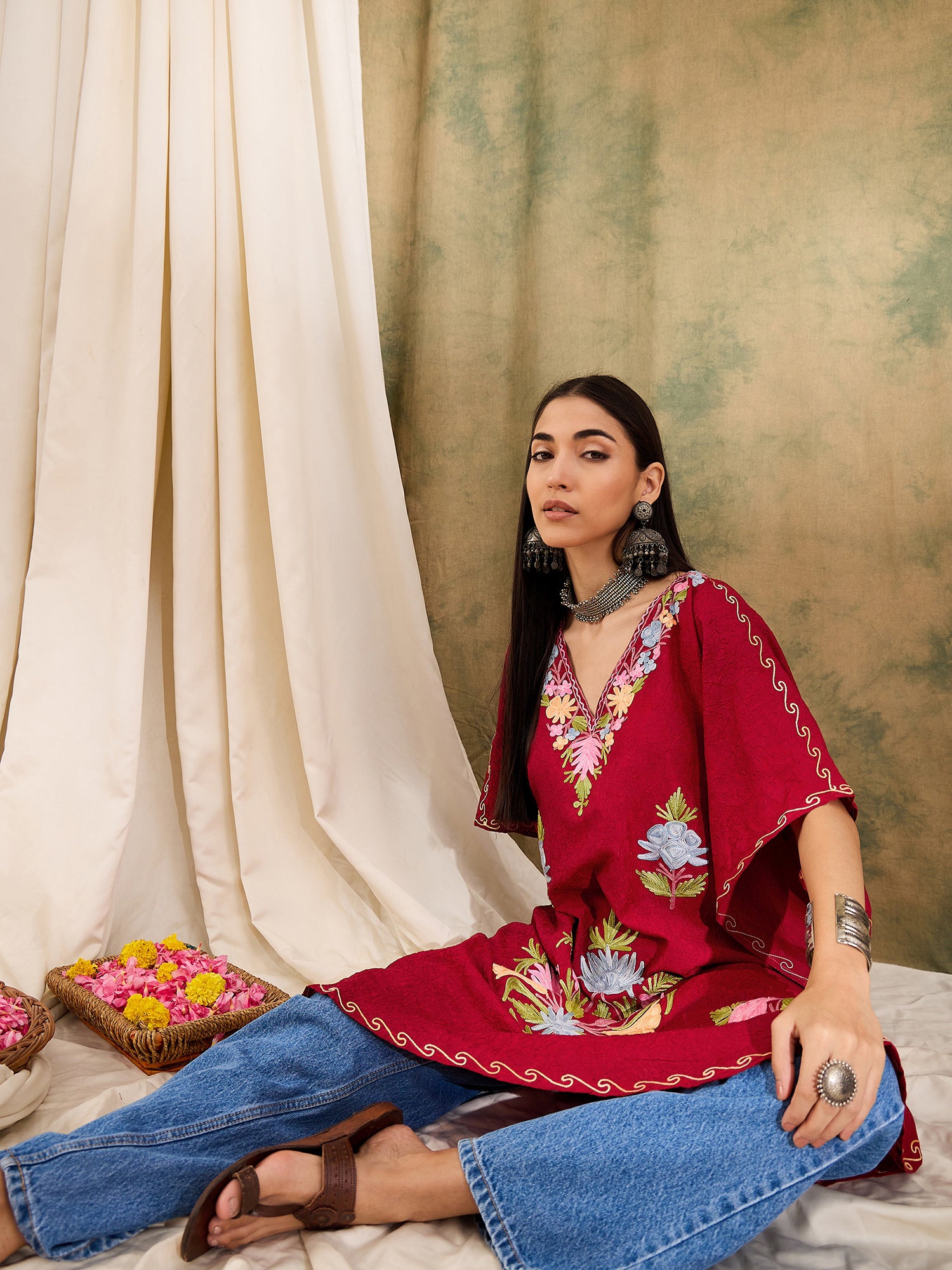 Marsala_Red_Kashmiri_Embroidered_Short_Cotton_Kaftan_shop_Namastay
