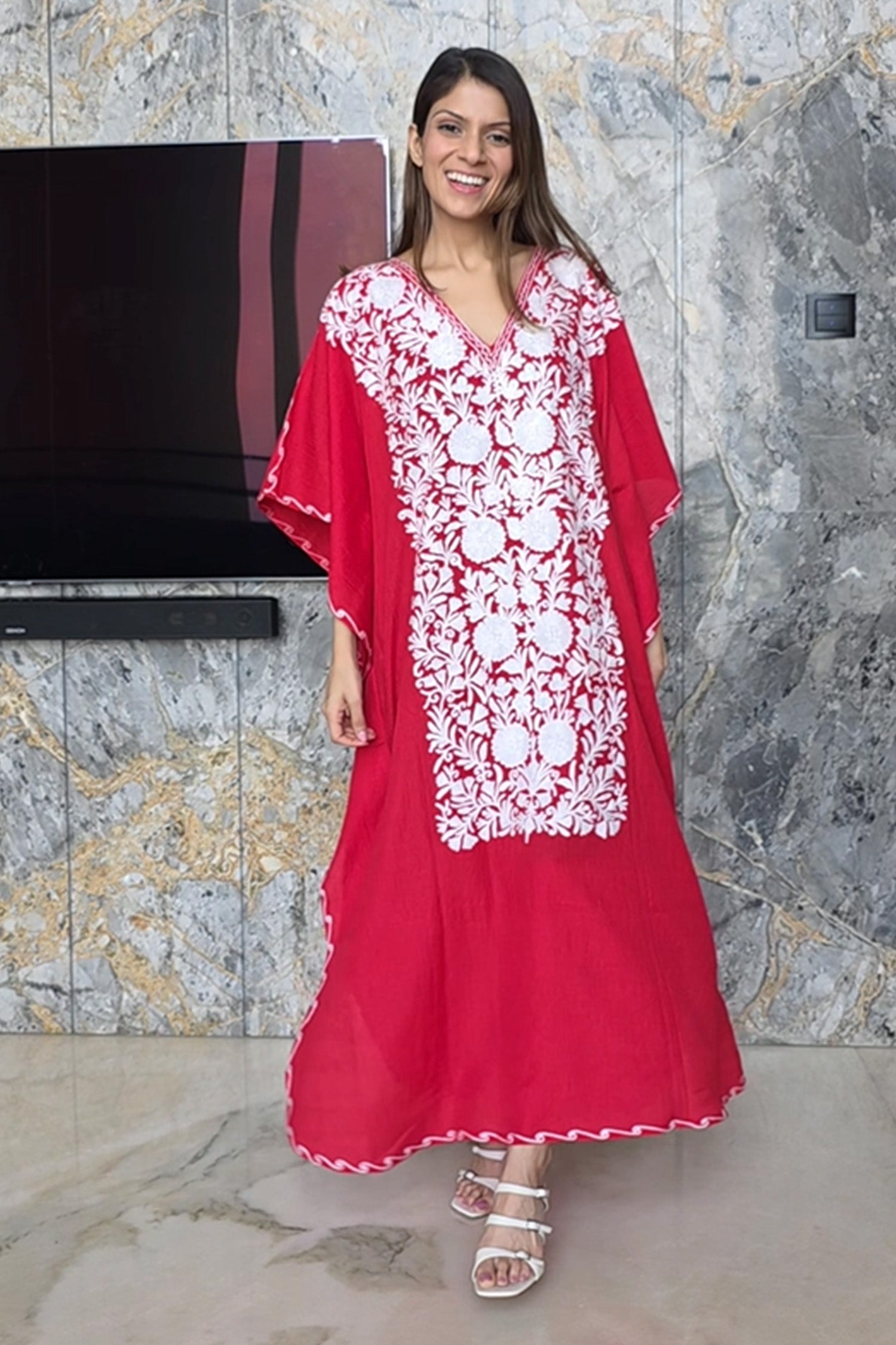 Crimson Red Kashmiri Summer Kaftan - Long