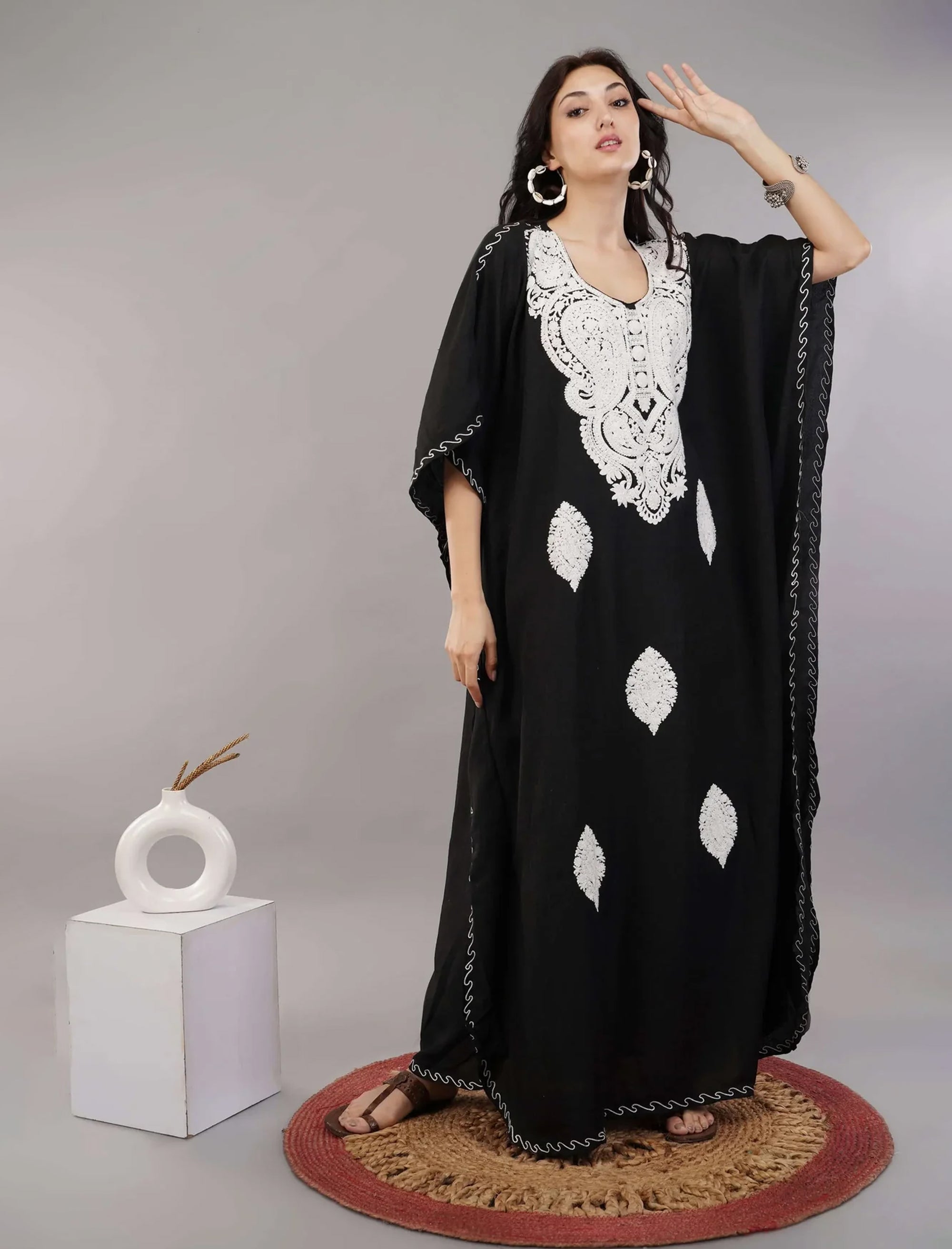 Sable_Black_Kashmiri_Embroidered_Long_Cotton_Kaftan_shop_Namastay