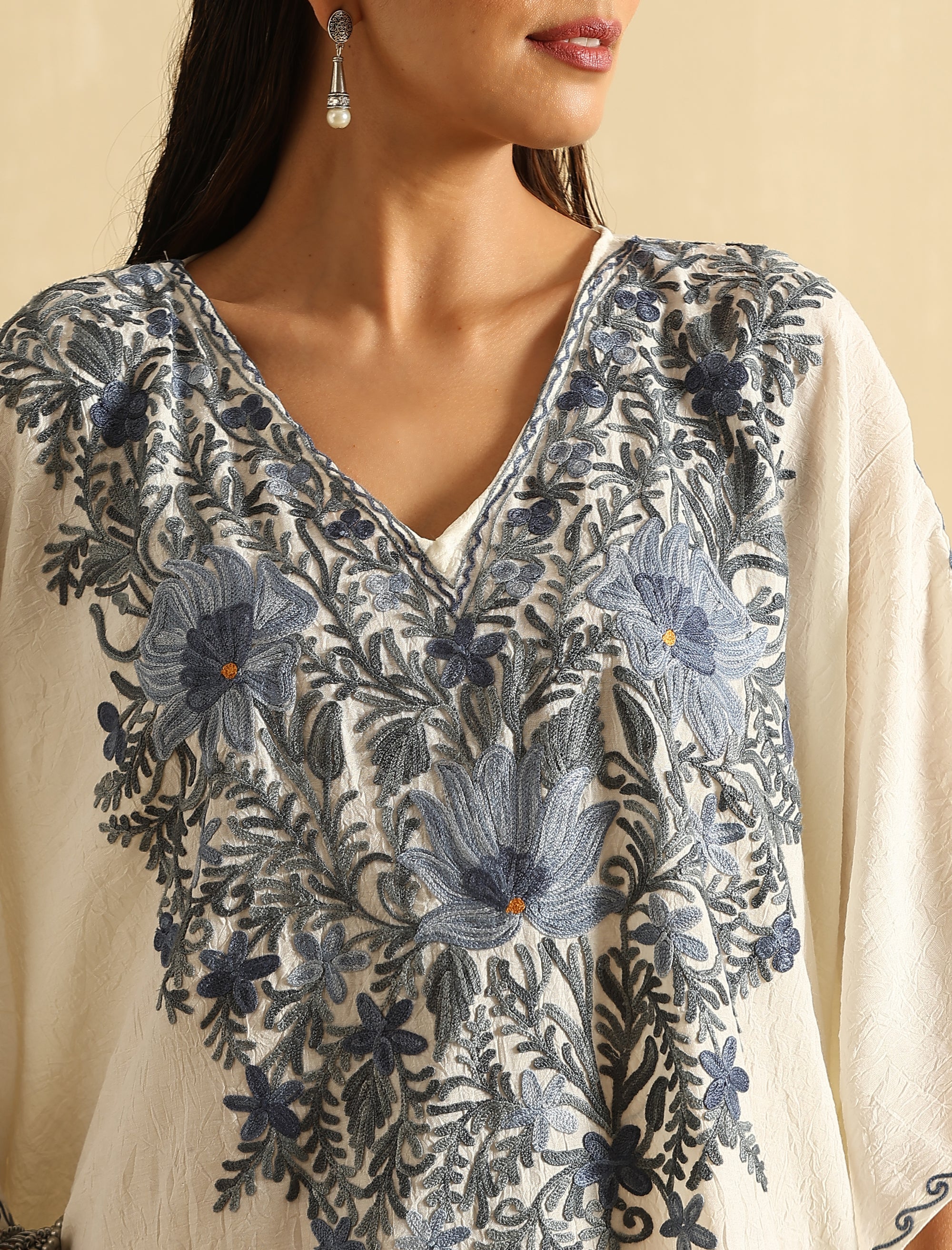Pearl White Aari Embroidered Kashmiri Short Cotton Kaftan